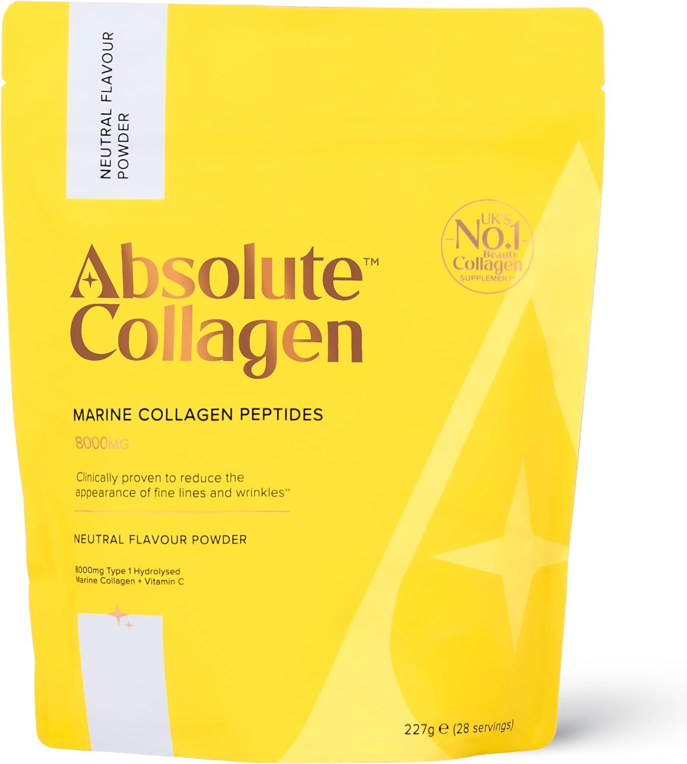 Absolute Collagen Marine Collagen Powder Supplement Pouch 227g (28 Servings) – High-Grade Marine Collagen Peptides + Vitamin C – Boost Skin, Hair & Nails – 36 Calories, UK Made