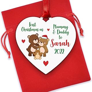 1st First Christmas as Mummy and Daddy Decoration Bauble - PERSONALISED Wooden Hanging Heart Plaque Gifts for New Parents Daddy Mummy - New Baby Ornament Gifts - Boy or Girl
