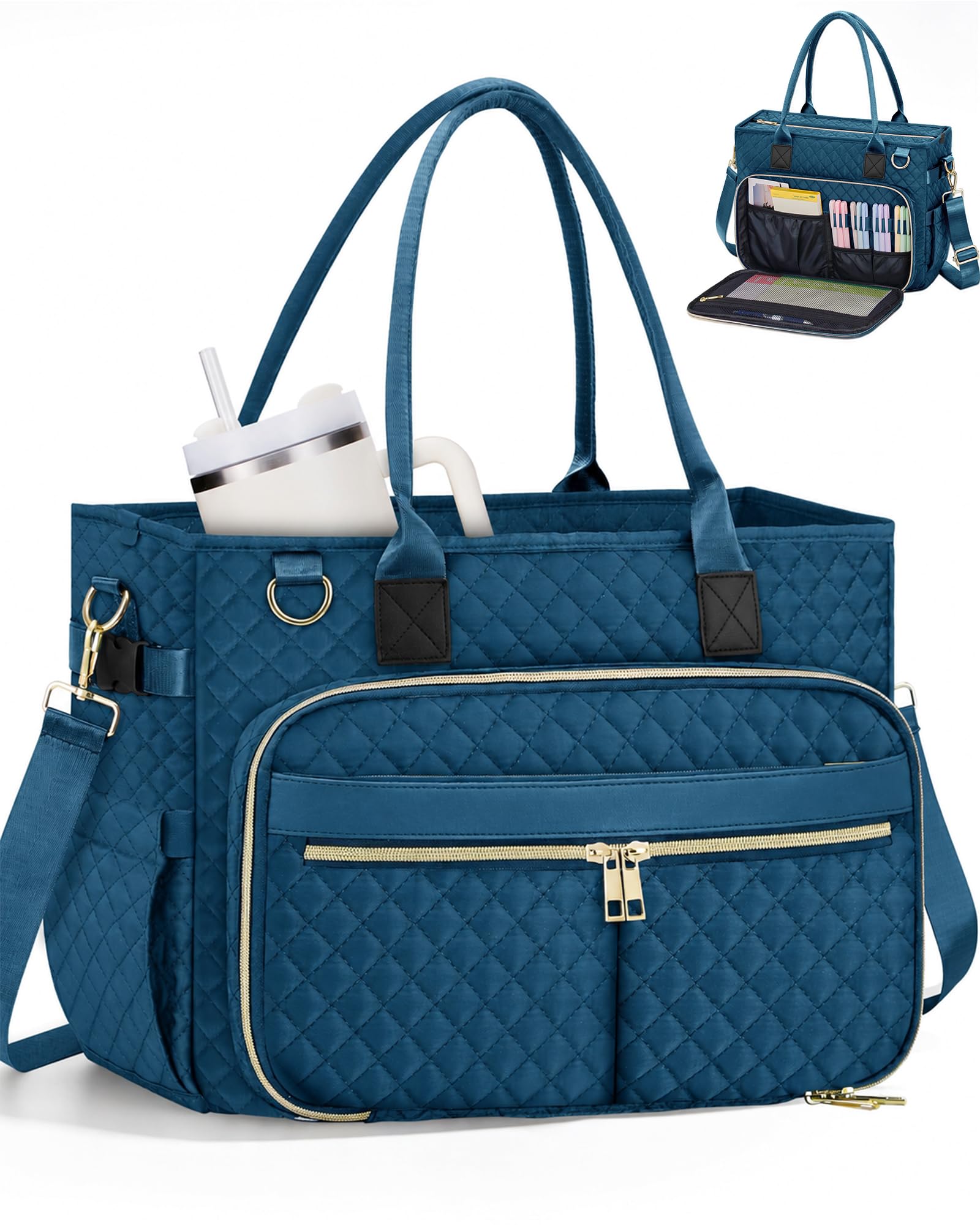 FIORETTO Teacher Tote Bag for Women with Laptop Compartment, Large Cup Holder, Zip Closure, Ideal for Work, Bible, Nurse