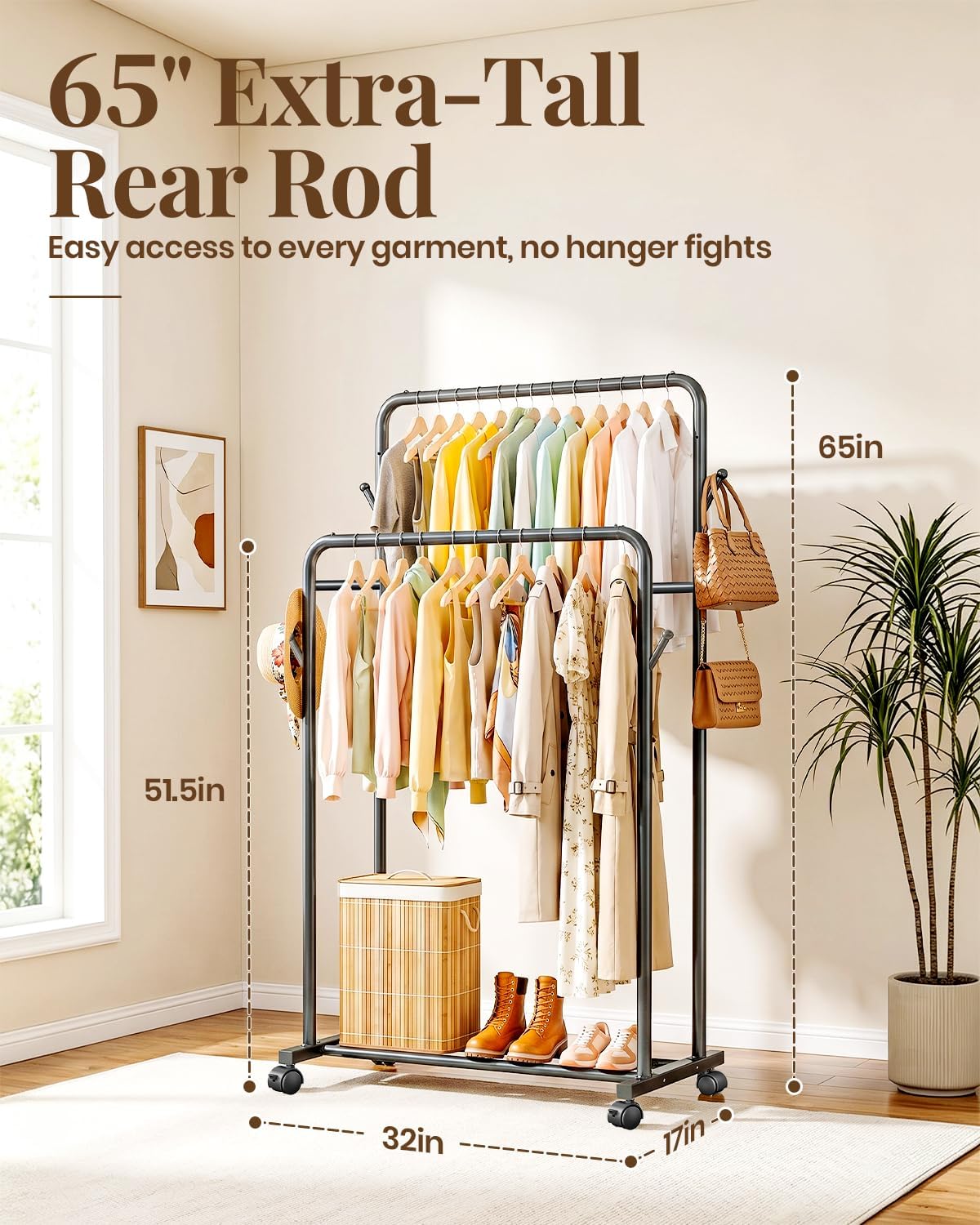 Delamu Clothes Rack Double Rods Clothing Racks for Hanging Clothes with Rolling Wheels, Hooks, Metal Garment Rack, Portable Wardrobe Coat Rack with Shelfs for Bedroom, Laundry Room, Black 65''Hx32''W