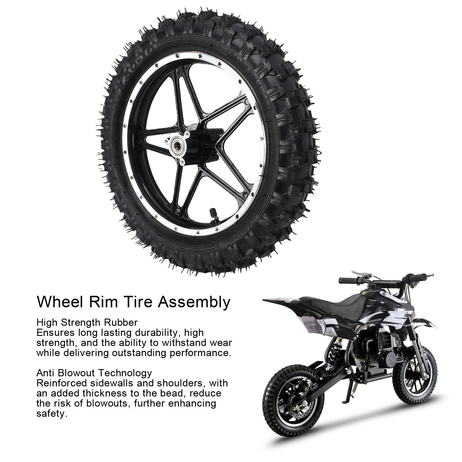 Ausla Jante de Roue de 10 Pouces Assemblage de Pneu, Pneu de Remplacement 2.50 10 Technologie Anti-éclatement pour Mini Pocket Bike Vélo Électrique 49 50ml Dirt *(Traduction D (Devant)