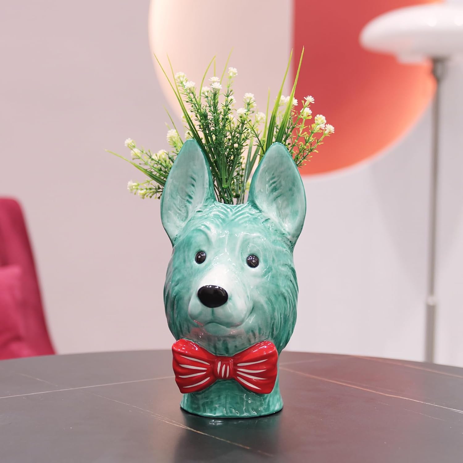 Decorative Garden Set, Mint Green Dog Head Planter with Red Bow Tie and Purple Flower Stepping Stone, 2 Piece Cynkeyee