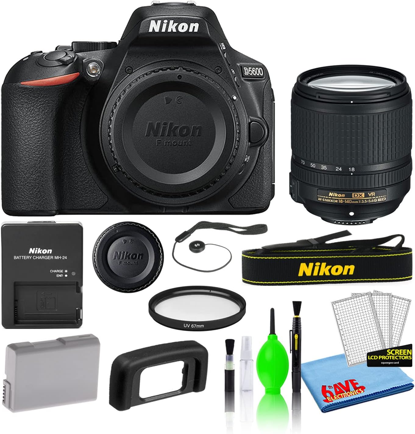 Nikon D5600 24.2MP DSLR Digital Camera with AF-S DX 18-140mm Lens (1577) Deluxe Bundle with 67mm UV Filter + Battery + Battery Charger + Deluxe Camera Cleaning Kit
