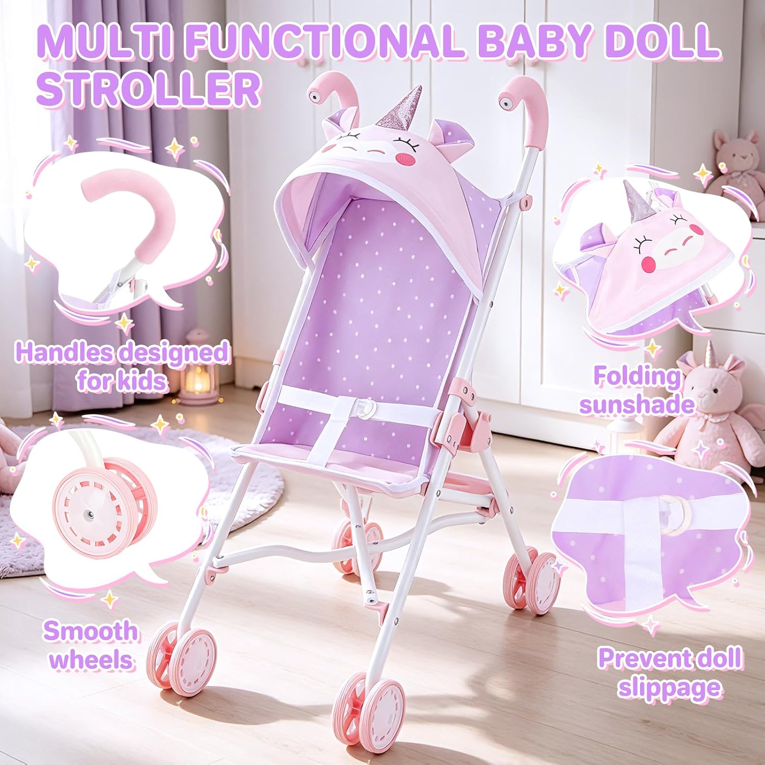 deAO Baby Doll Stroller Playset with 12" Doll (Purple) image 3