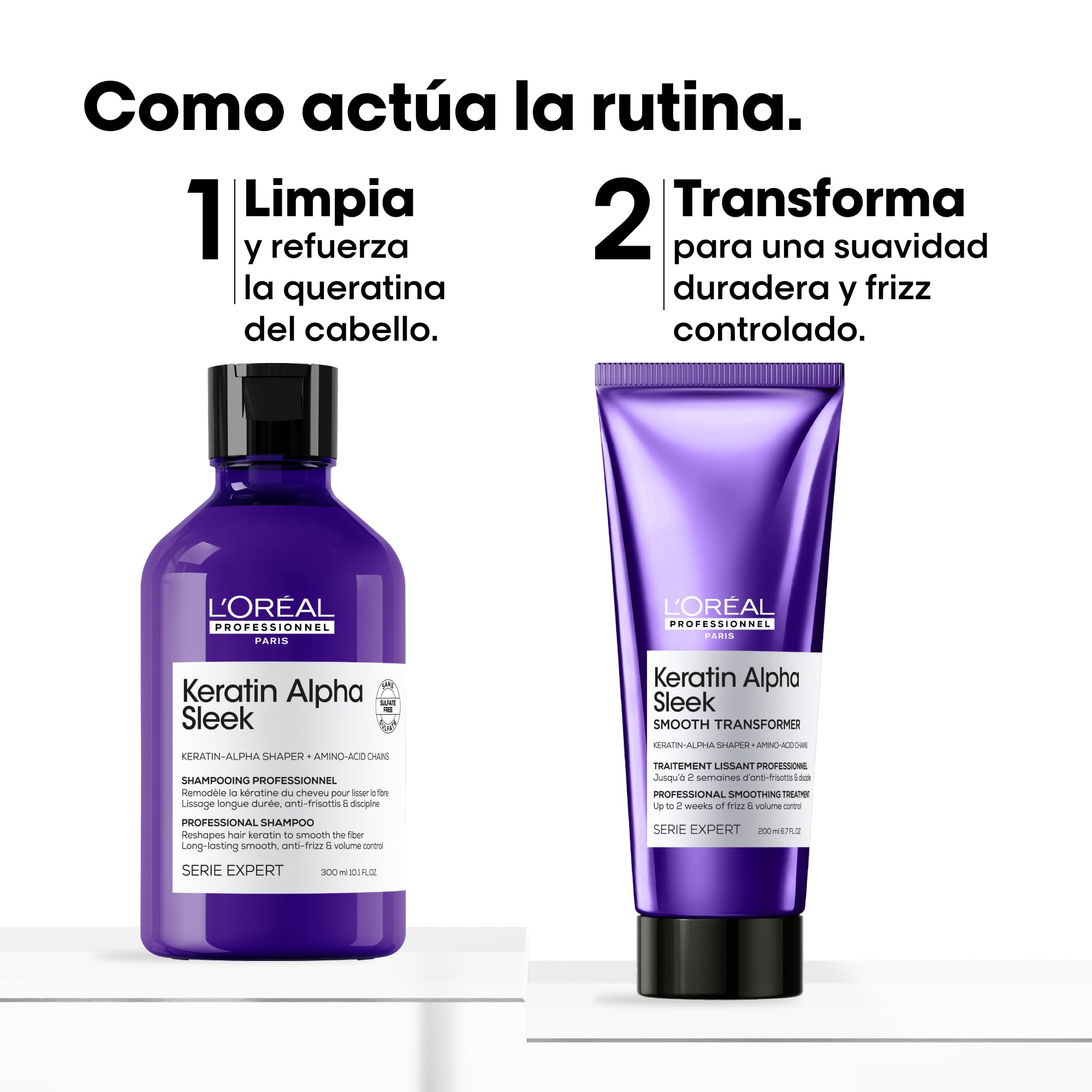 Bundle of L’Oréal Professionnel, Champú Sin Sulfatos Keratin Alpha Sleek+ L’Oréal Professionnel, Smooth Transformer Keratin Alpha Sleek, Tratamiento Profesional Progresivo Anti-Frizz