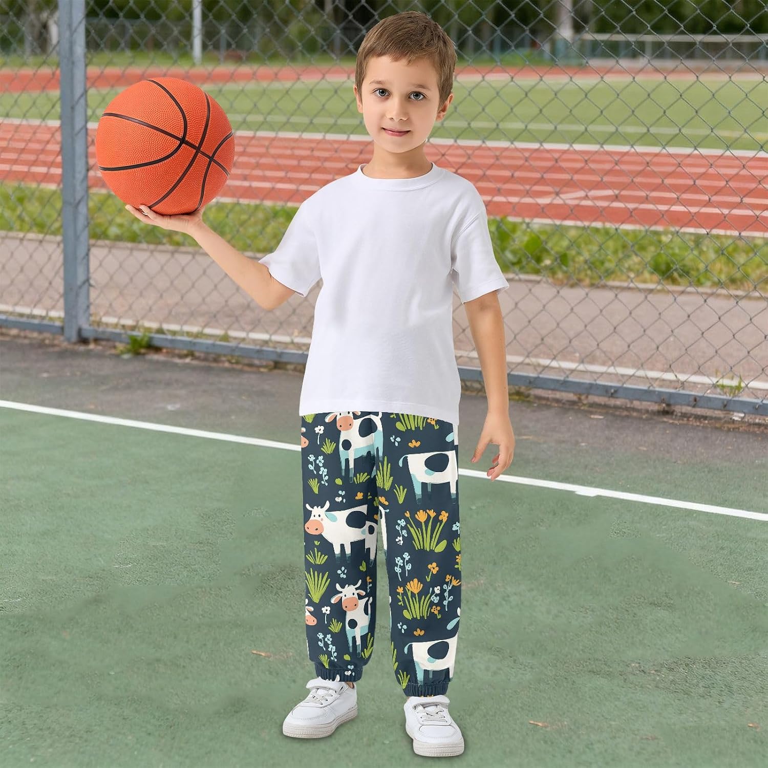 Boy Sweatpants Cartoon Funny Cow Flower Joggers Casual Athletic Pants Kids Elastic Waist Cuffed with Pockets