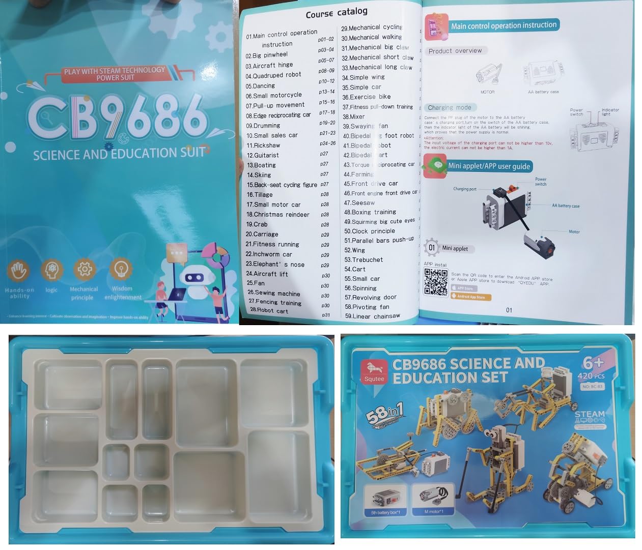 Open instruction manual showing model building steps and a QR code for the mobile app.