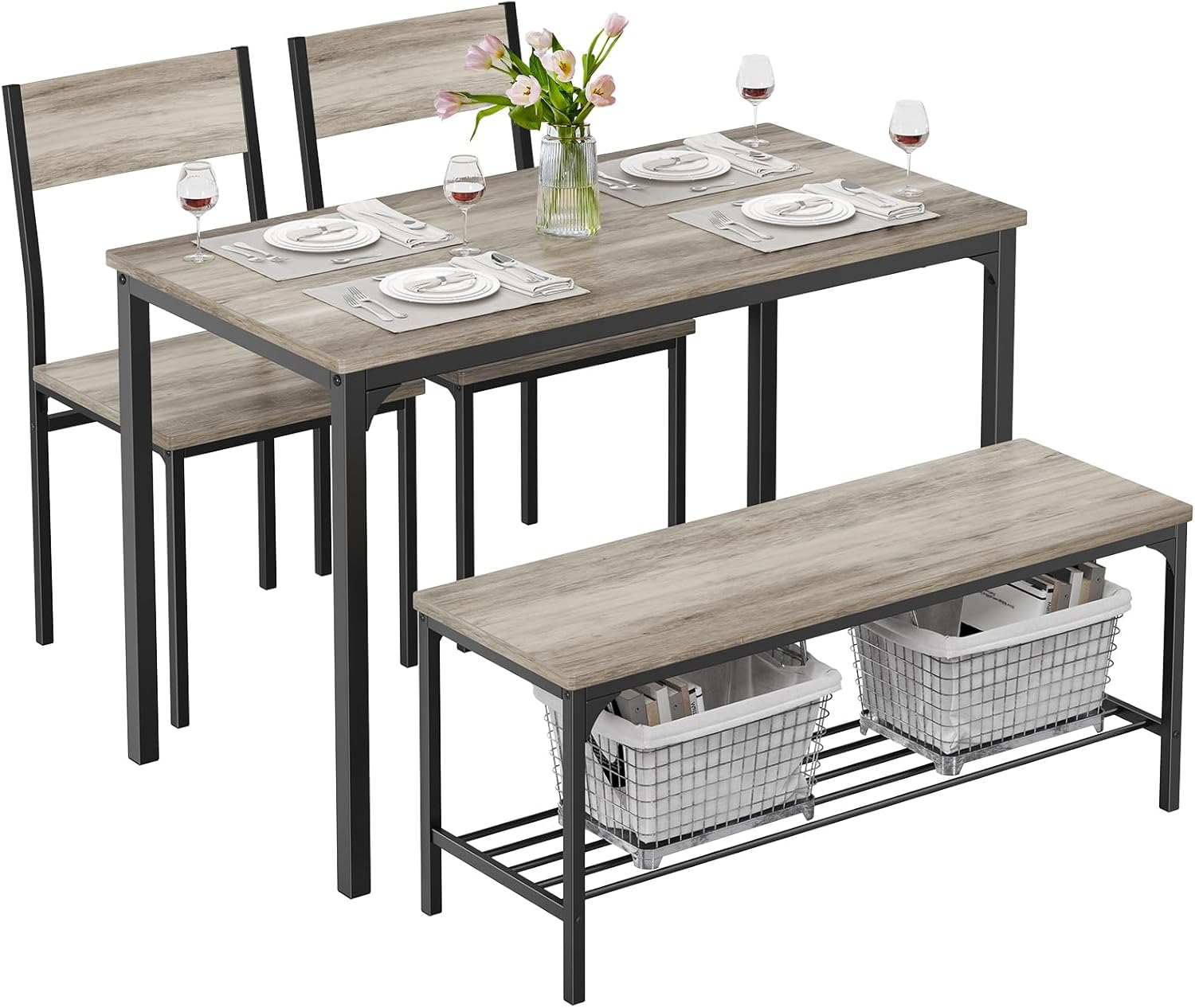 DUMOS Dining Table Set, Dining Table for 4 with Bench, Kitchen Table, Space-Saving Ideal 4-Person Set for Dining Room Kitchen Apartment Corner Grey 4 Pack