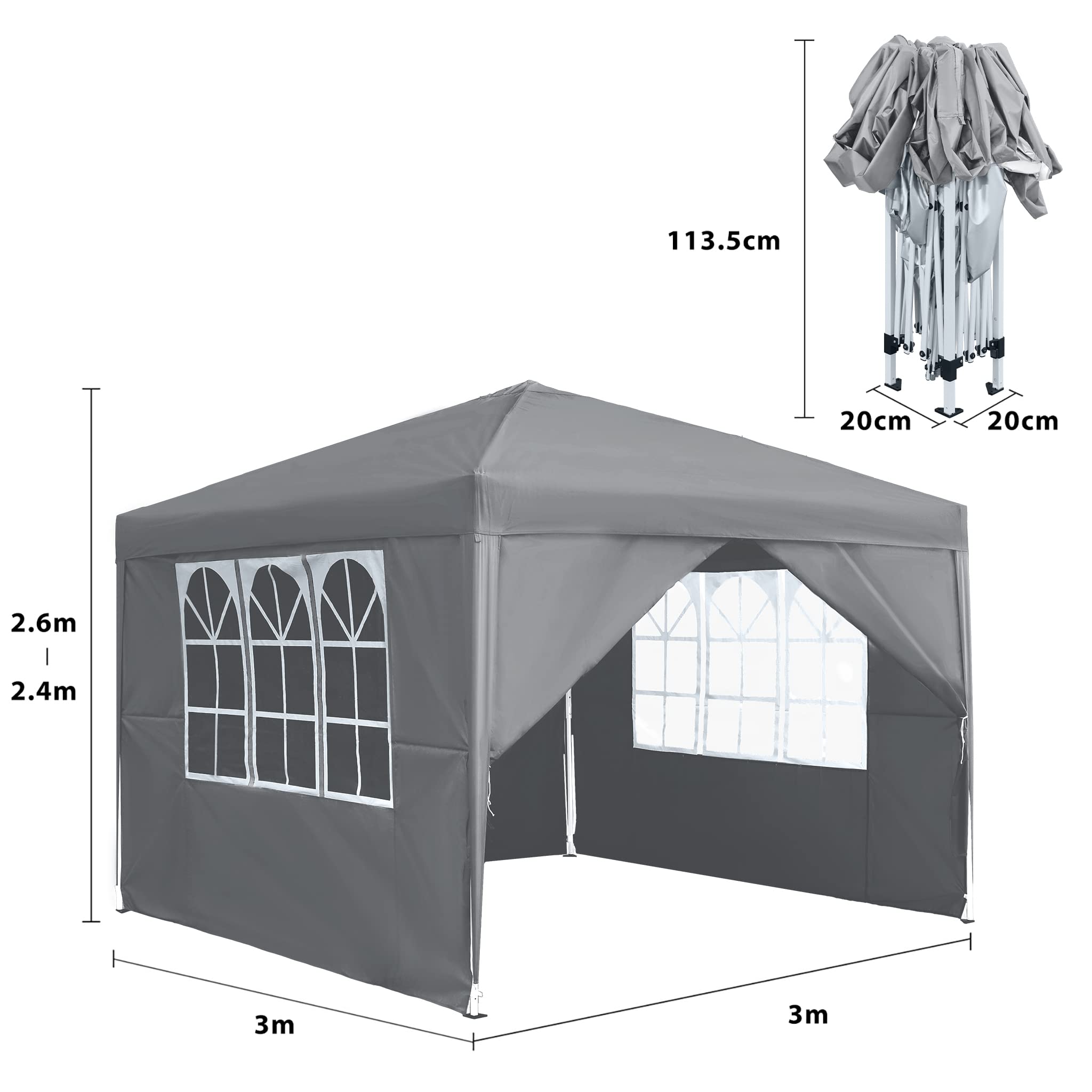 LZQ Pavillon Faltpavillon 3x3m Schnellaufbau Gartenpavillon Partyzelt Faltzelt mit 4 Seitenteilen, UV Schutz Höhenverstellbar für Garten, Strand, Party, Hochzeit, Festival und Camping, Silbergrau