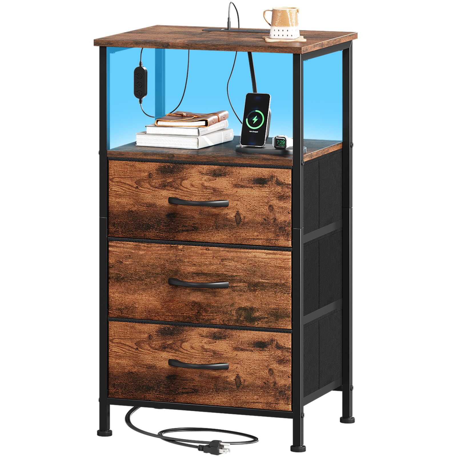 Somdot 3 Drawers Dresser with Charging Station and LED Light for Bedroom, Tall Nightstand with Removable Fabric Bins for Bedside Living Room Nursery Laundry Closet Entryway Hallway, Wood Grain Print-image-42