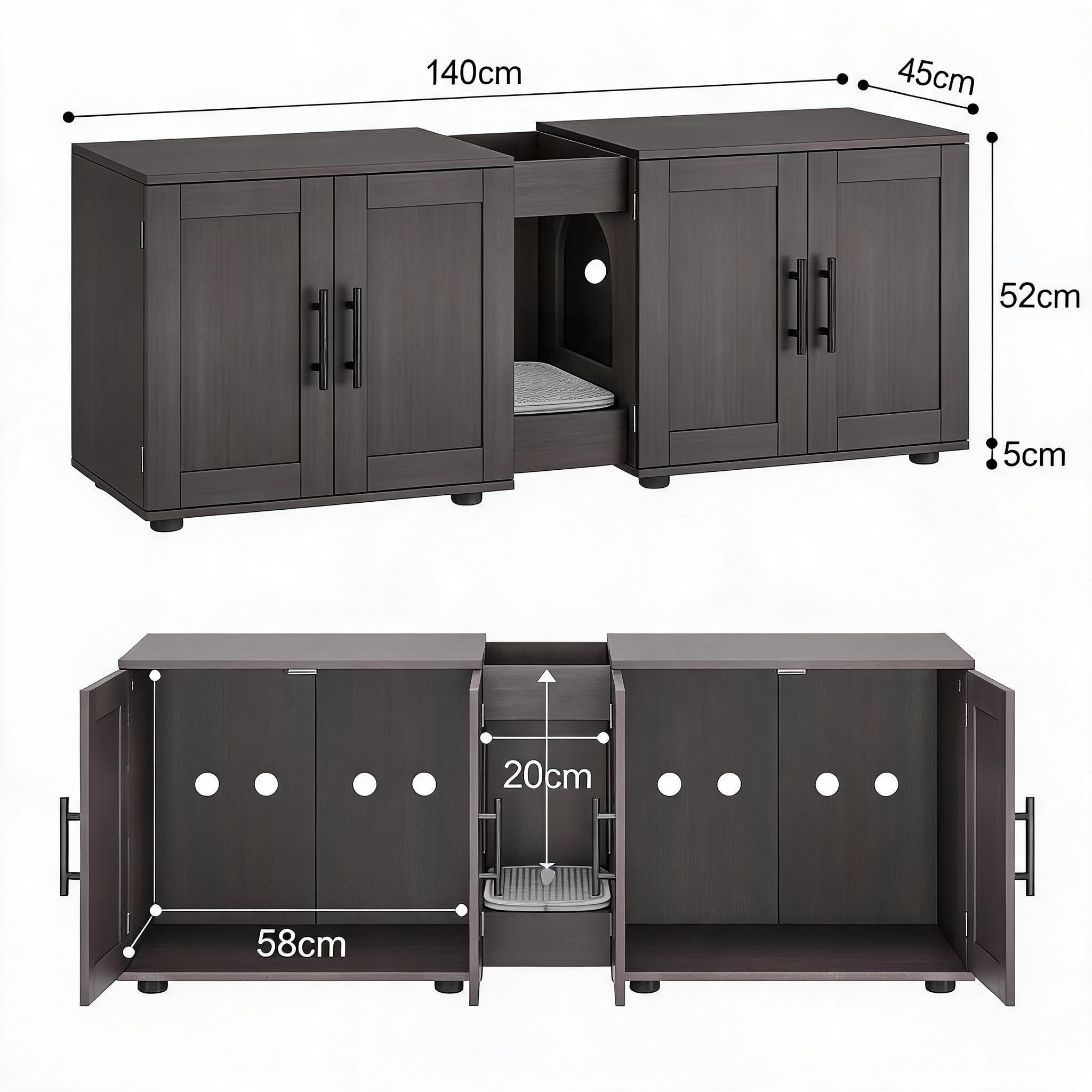 GarveeLife Mueble Arenero para Gatos – Gabinete Oculto con Doble Compartimento para 2 Cajas, Diseño 3 en 1 Mesita Lateral, Madera Impermeable, Negro 140x45x52 cm
