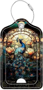 Luggage Tags,Stained Glass Peacock Design, Double-Sided Privacy Cover ID Labels with Stainless Steel Loop and Address Card for Travel Bag Suitcase