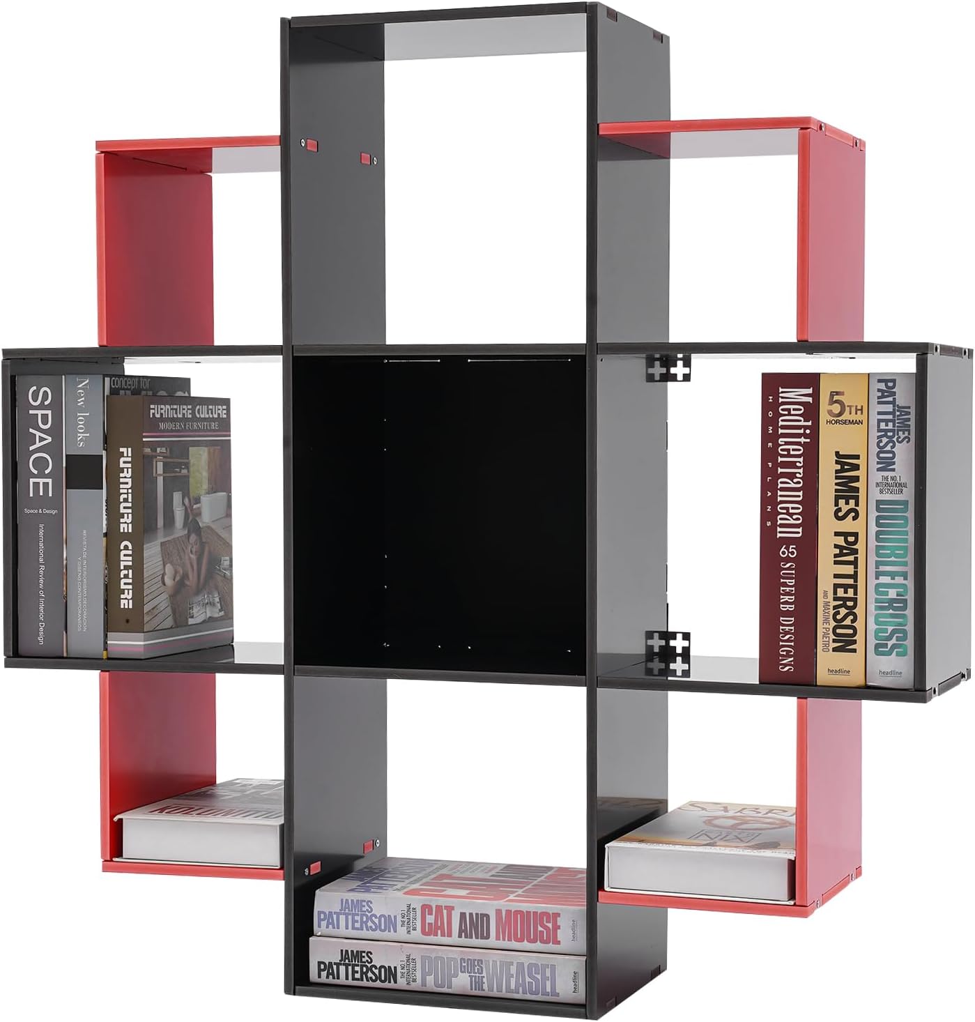 Literature Organizer Floating Shelf Wine Storage Holder Wall Mounted Multifunctional Display Shelves BookShelf for Bedroom Living Room 9 Compartments (BlackRed)