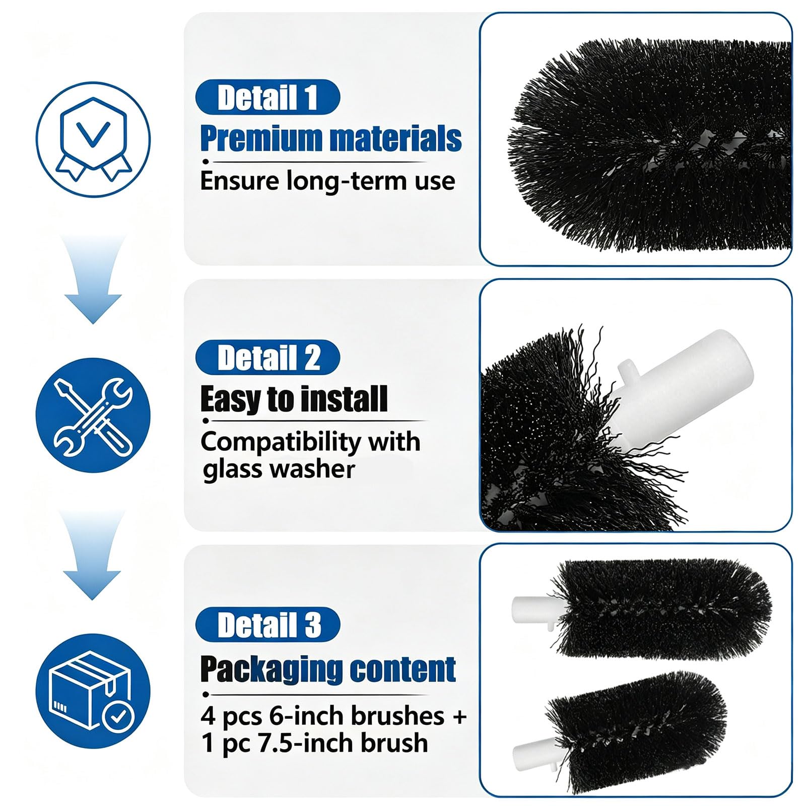 Ensemble de Brosses de Rechange pour Lave-Verres, 4 Brosses de 6"+1 de 7,5" | Convient aux Verres de Moins de 5,9" de Profondeur et 2–4" de Diamètre, pour Bars et Restaurants