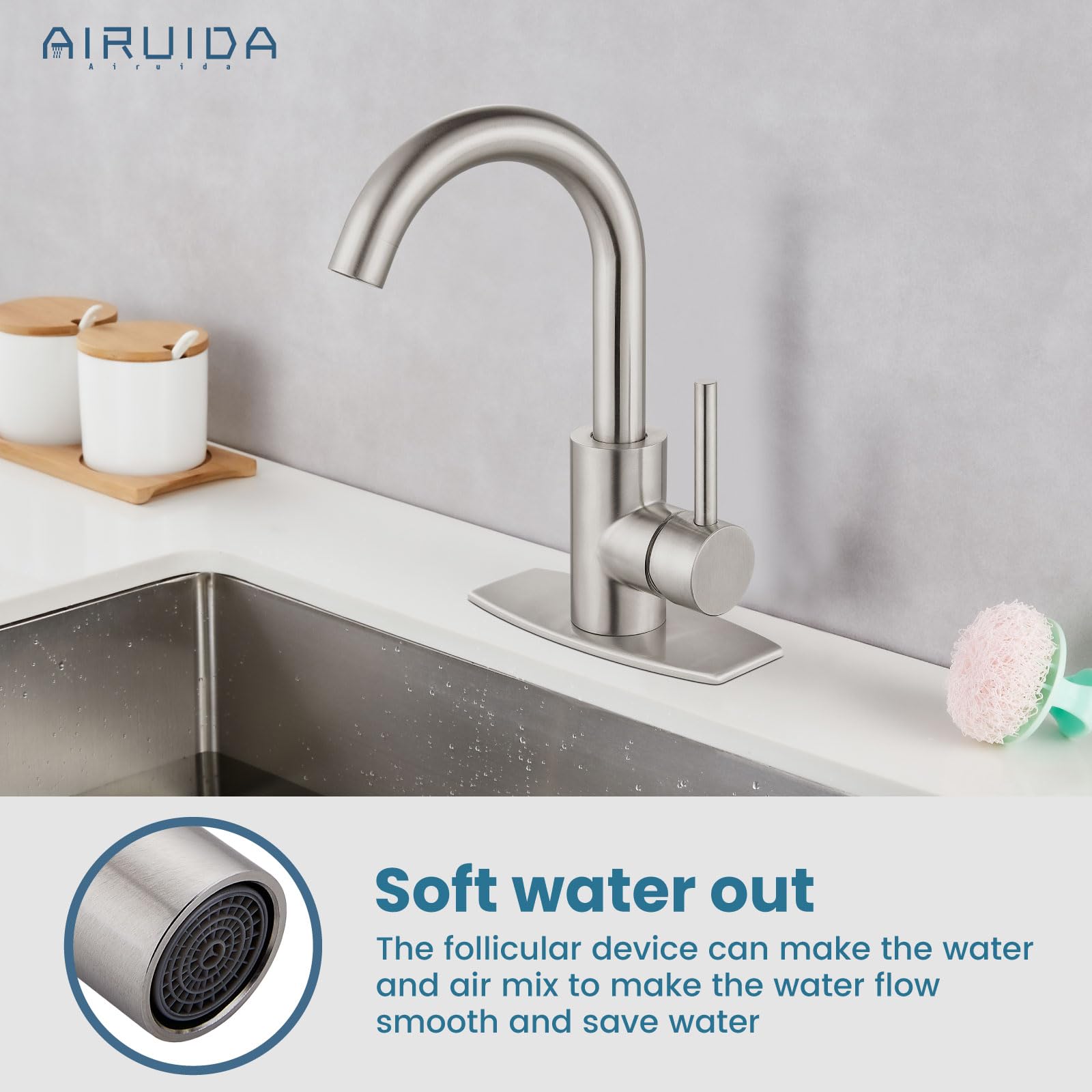 Airuida Mitigeur Robinet d'évier à barre unique en nickel brossé SUS304 pour toilettes - Montage sur plateau - Poignée unique - Bec pivotant à 360 degrés - Robinet d'évier avec évacuation pop-up Airuida Mitigeur Robinet d'évier à barre unique en nickel brossé SUS304 pour toilettes - Montage sur plateau - Poignée unique - Bec pivotant à 360 degrés - Robinet d'évier avec évacuation pop-up