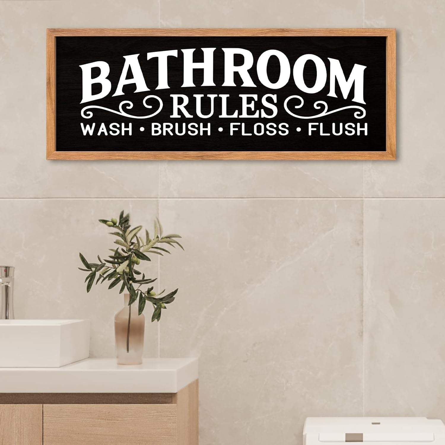 AuraPeak Bathroom Rules Wash Brush Floss Flush Wall Decor Funny Wooden Quote Sign Home Farmhouse Laundry Room Restroom Toilet Shelves Hanging Art Wall Decor (Wood Black 32"×12")