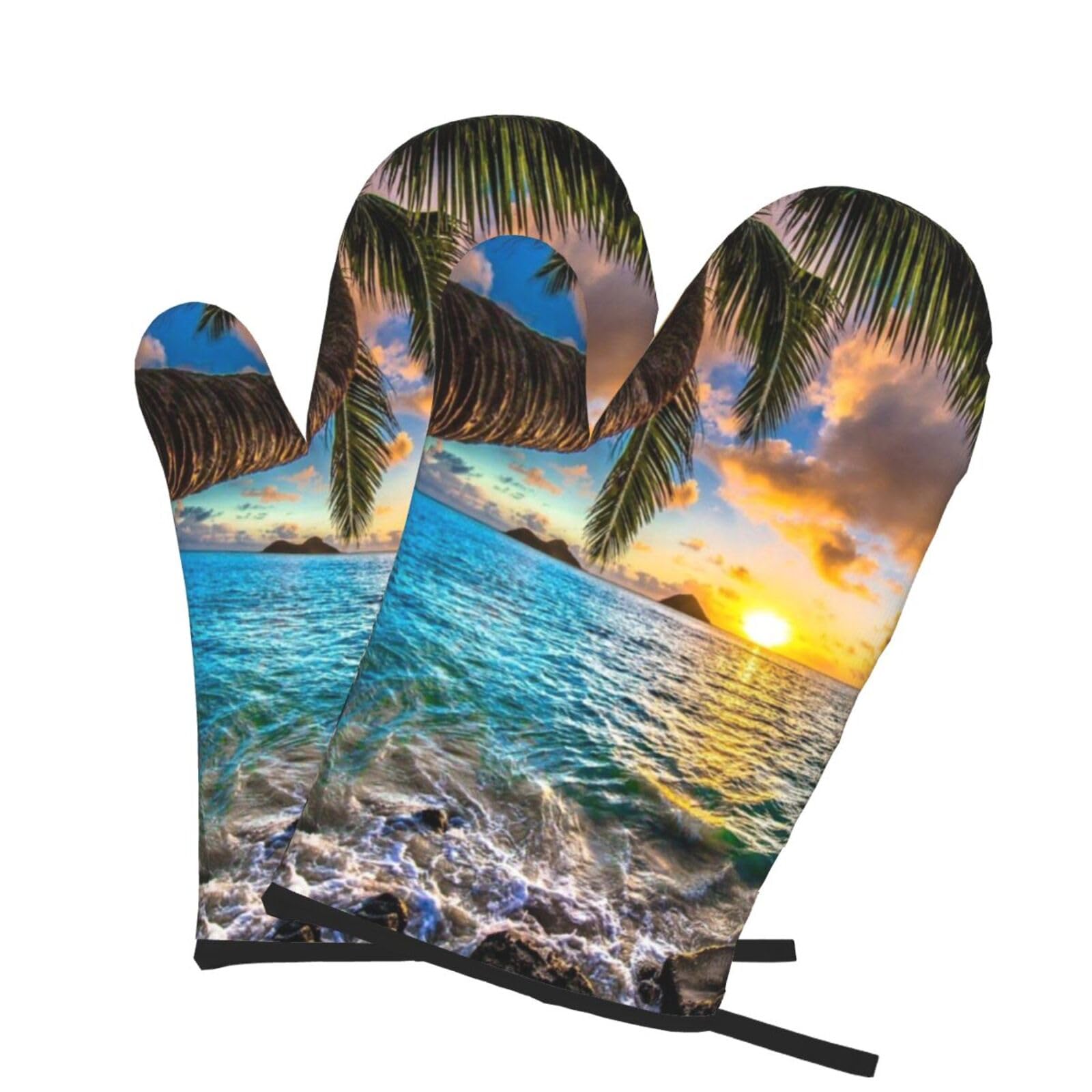 Oven Mitts Set of 2 Pcs, Sunset Beach Prints Heat Resistant Kitchen Gloves for Cooking Baking Grilling