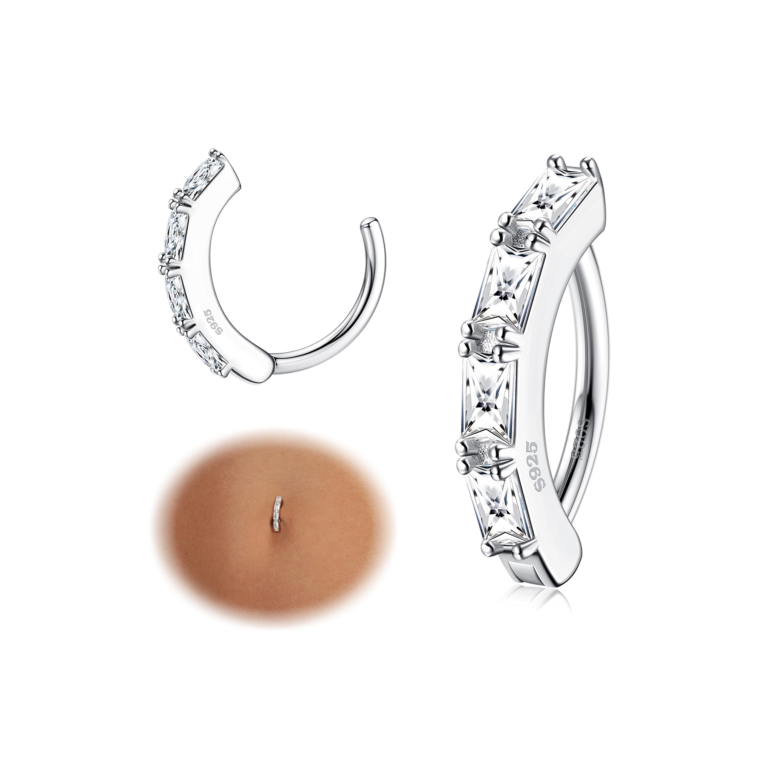 KRFY 14G Anillos para el Ombligo para Mujeres de Plata Esterlina 925 Hipoalergénico Clicker Anillos para el Ombligo Cubic Zirconia Paved Invertir Anillos para el Ombligo Body Belly Piercing Joyería