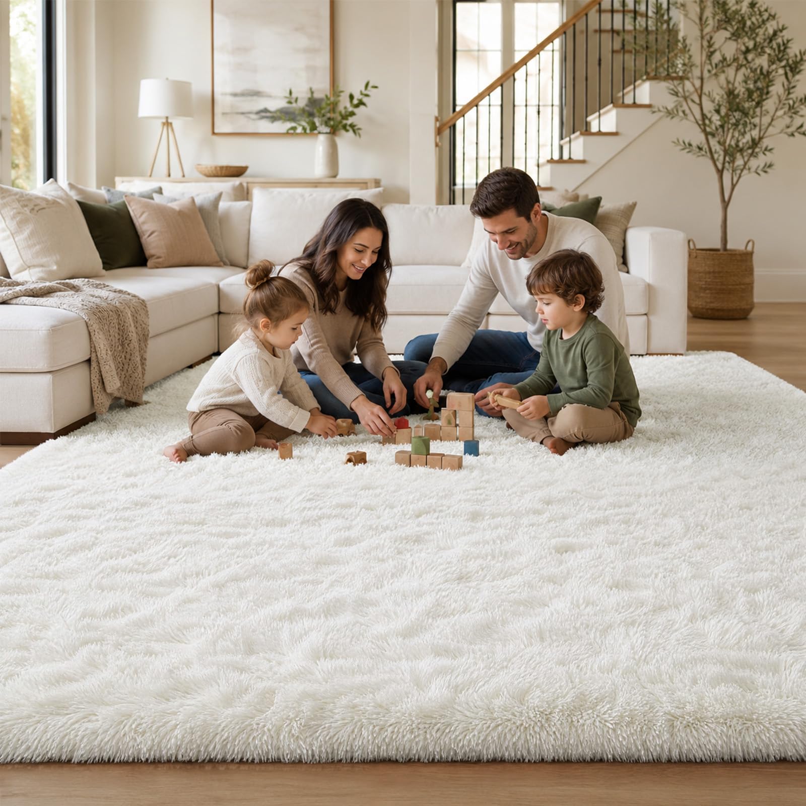 Hochflor Teppich Wohnzimmer 140x200cm, Creme Fuzzy Shaggy Flauschiger Teppich für Schlafzimmer Teppiche, Modern Plüsch Wohnzimmerteppich Bettvorleger High-Pile Carpet rutschfest für Kinderzimmer
