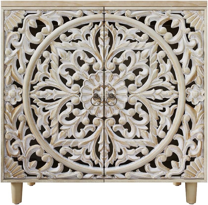 VELOVE Carved Wood Decorative Cabinet with Floral Pattern