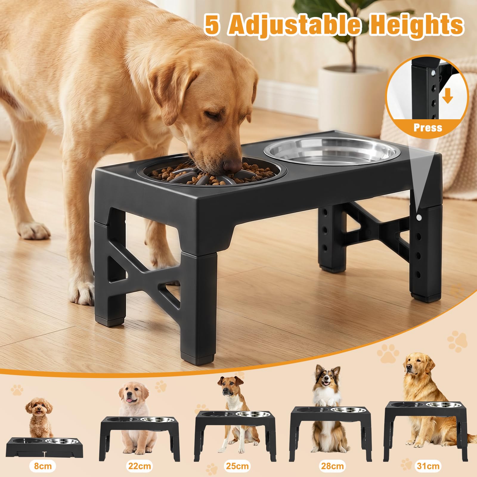 Gamelle surélevée pour chien – 5 niveaux réglables en hauteur – Mangeoire avec 2 bols en acier inoxydable de 1200 ml et 1 gamelle Slow-Feeder, antidérapante, pliable, pour petits et grands chiens
