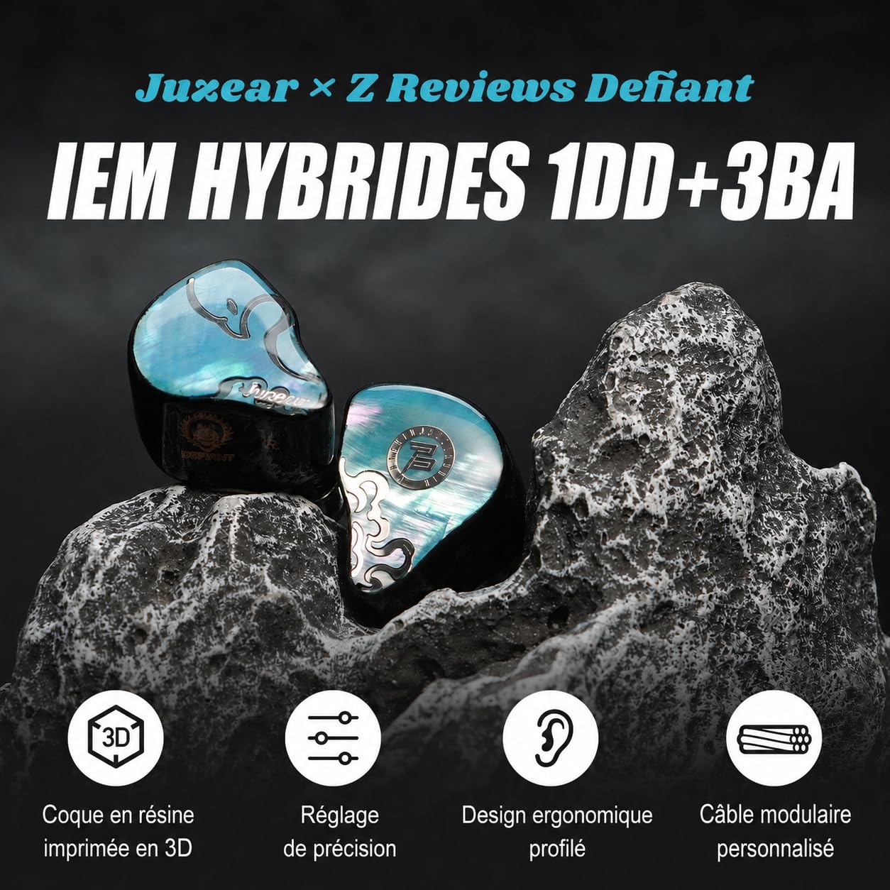 HiFiGo JUZEAR Defiant Écouteurs IEM Filaires Hybrides, 1DD+3BA, 2Pin 0,78mm