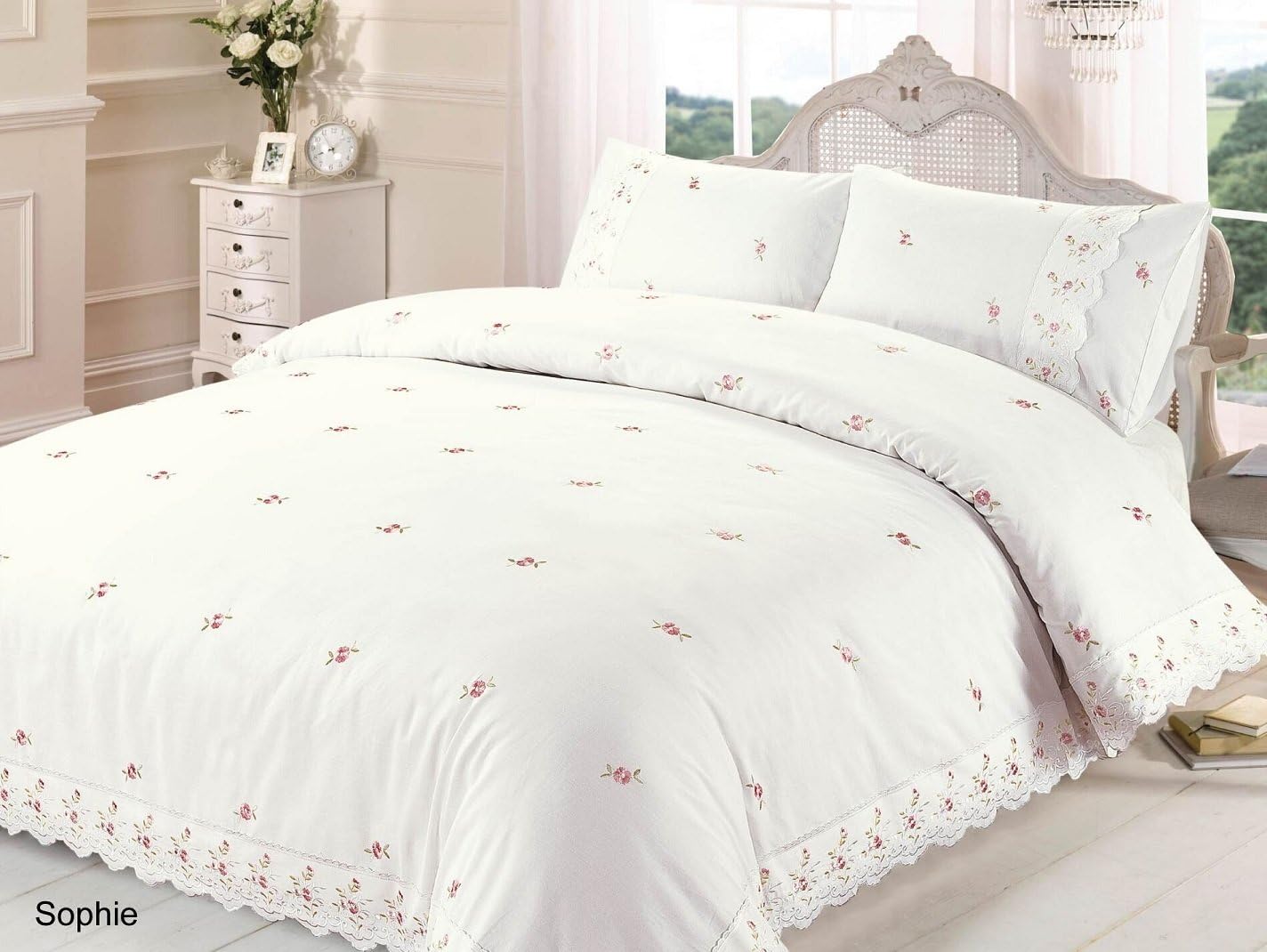 Sophie Double Duvet Quilt Cover Flowers Lace Trim Embroidered Bedding Set Cream