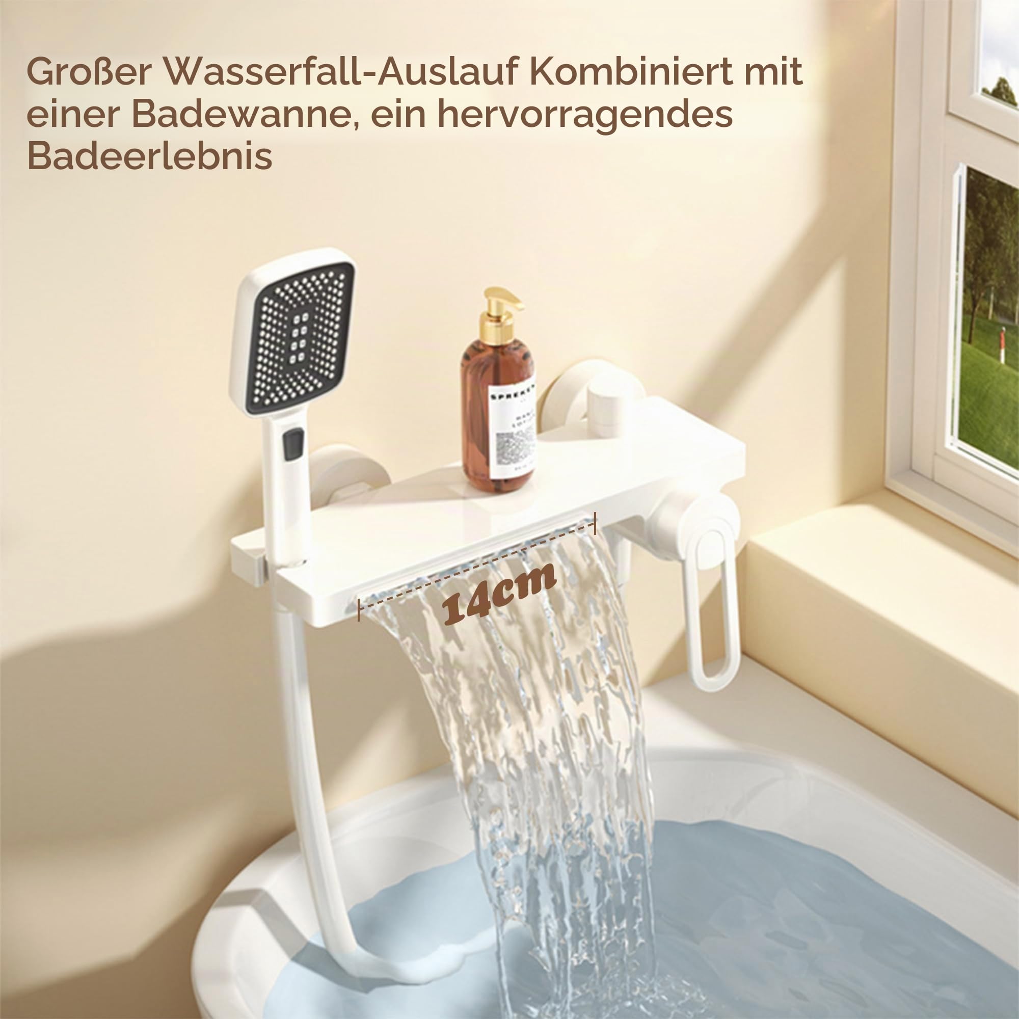 MocArt N502 Vollkupfer Badezapfen, Kalt-Warm-Regelung, Wandmontage, Handbrause mit 3 Stufen & Wasserfall-Auslass – Ideal für Badezimmerumbau und Modernisierung (Gebürstetes Gold)