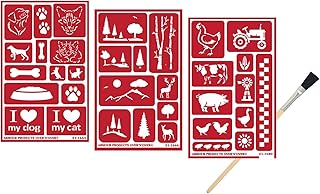 3 Armour Etch Over N Over Reusable Glass Etching Stencils | Farmhouse, Farm Animal, Pets, Forest, Tree Theme | Designs: Rooster, Chicken, Cow, Pig, Dog, Cat, Paw | Set Includes Brush, Total 4 Items