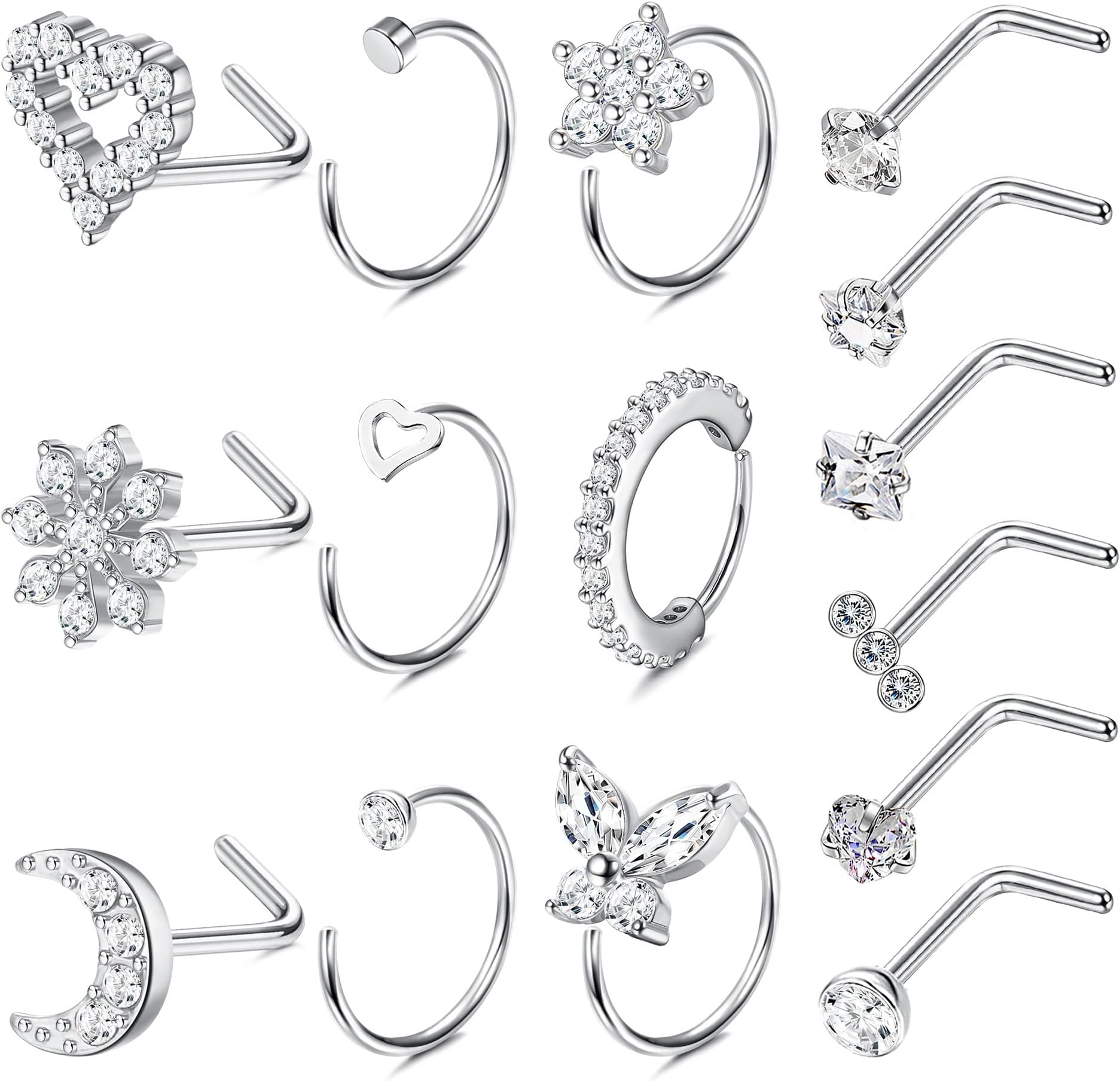 Kakonia15Pcs Nose Studs Rings for Women Surgical Steel Nose Ring Hoops Nose Studs 20G Heart CZ Flower Nose Hoop Gold Silver L Shaped Nose Ring Stud Nose Piercing Jewellery Set