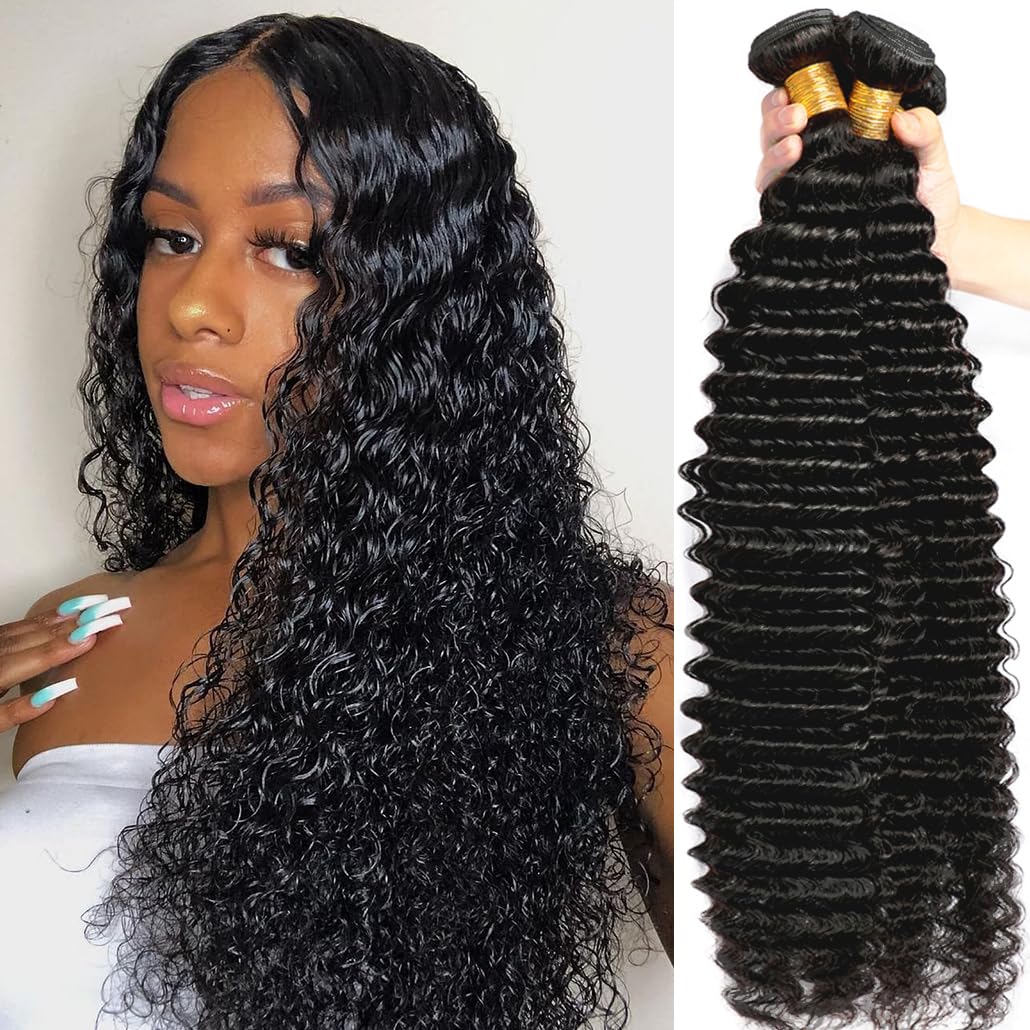 Human Hair Bundles Deep Wave Bundles (24 26 28 30 inches) 12A Grade  Brazilian Virgin 100% Unprocessed Human Hair Deep Wavy Bundles Natural  Black Wet