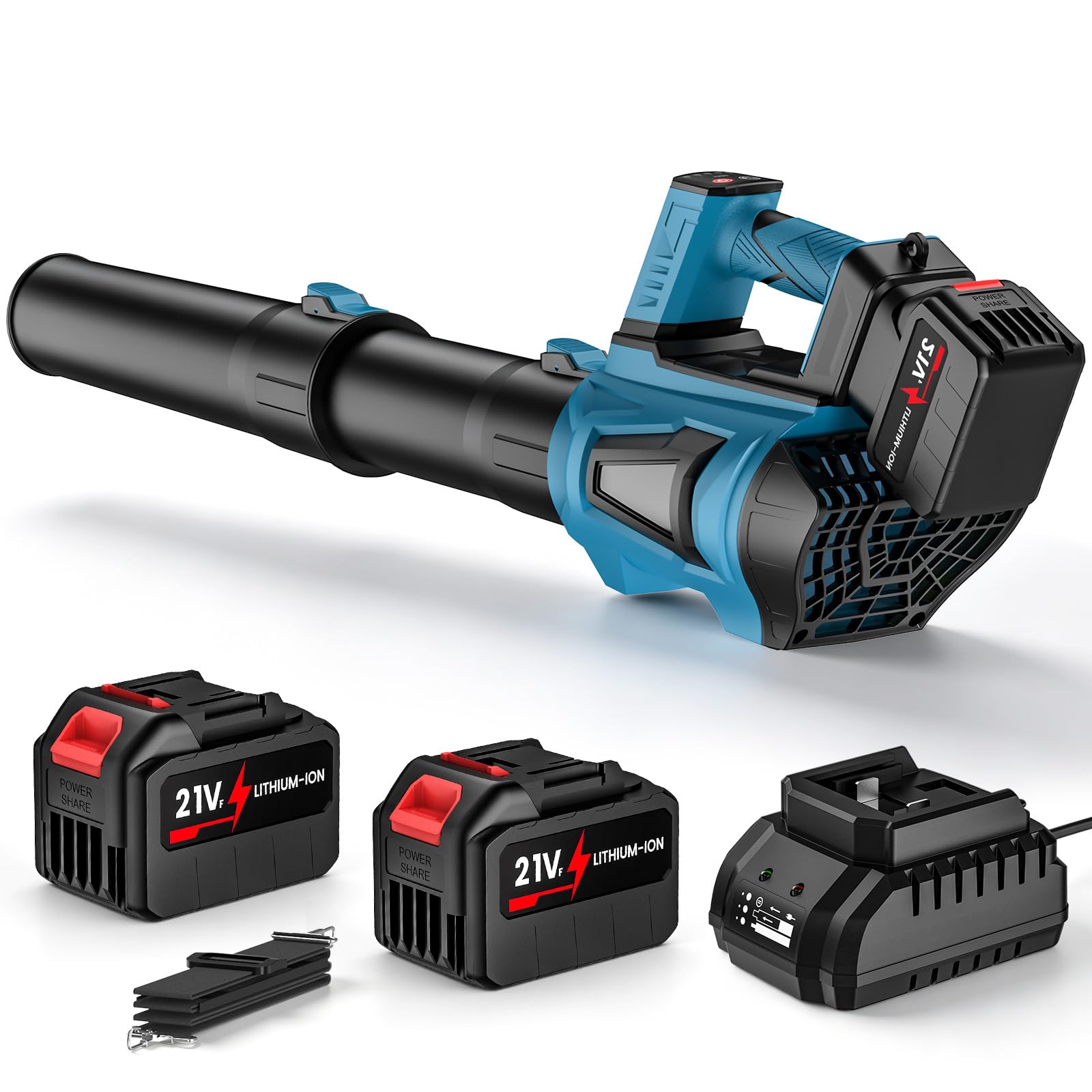 Soplador de hojas inalámbrico de 21 V con 2 baterías de 4,5 Ah y 6 velocidades (azul) | 24000 RPM Soplador de batería con correa y tubo alargado, para mantenimiento del jardín, callejón, hojas, polvo y nieve