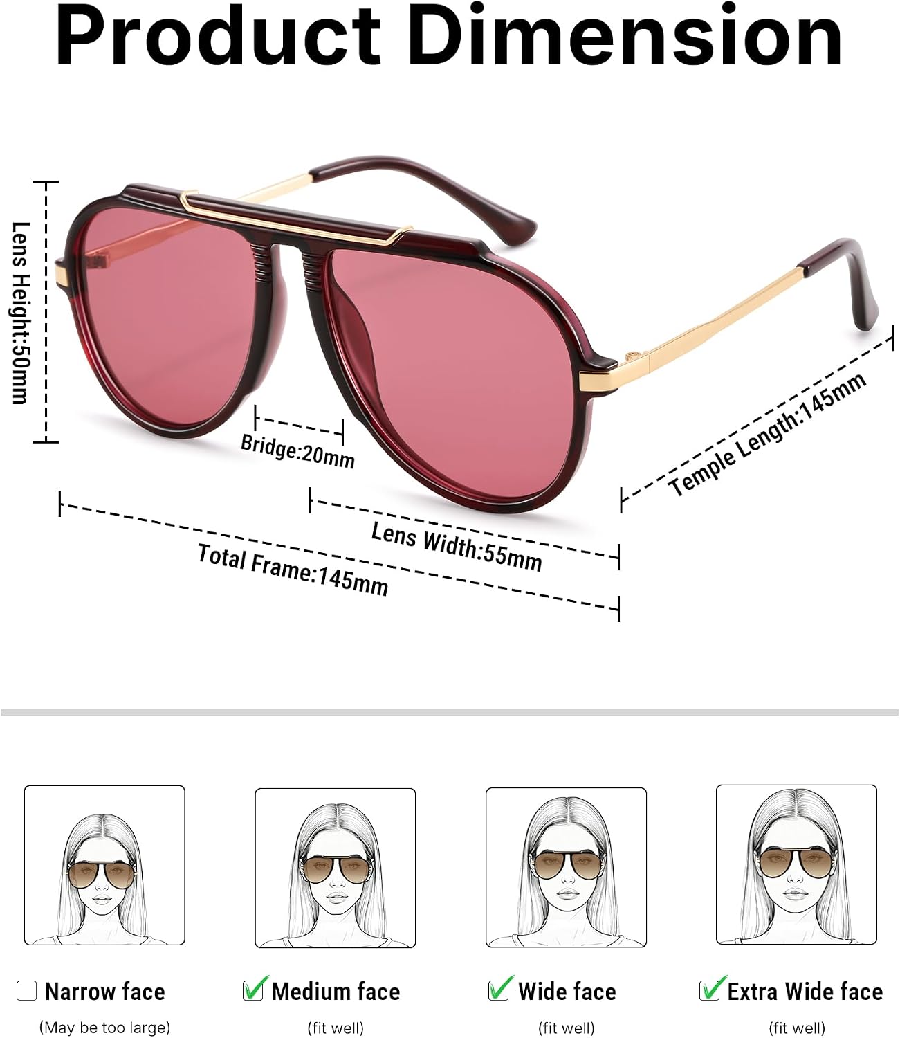 Pro Acme Oversized Aviator Sunglasses for Women Men, 70s Retro Aviators Style with Tangle Free Top Bar Design