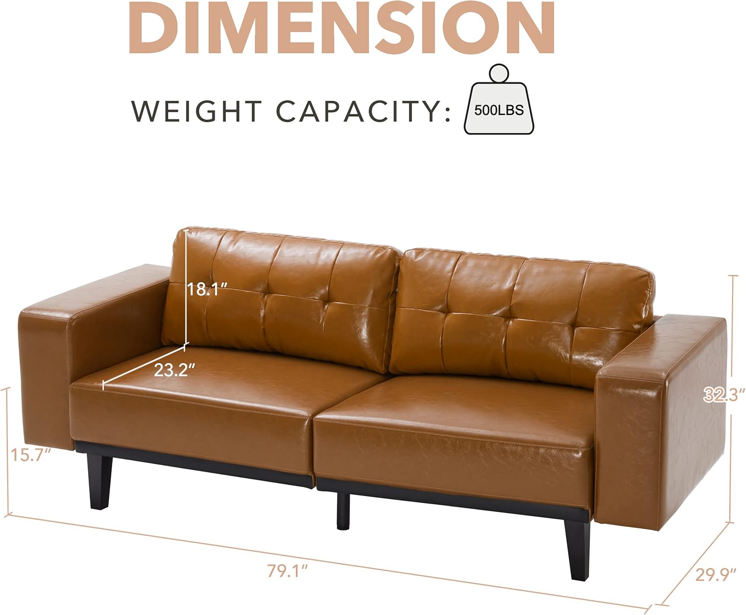 Couch 79" W Leather Sofa, Mid-Century Modern Button Decor Couchs, Large Classic Settee Living Room Furniture, Deep-Seated Comfort Sofas with Tapered Wood Legs for Bedroom Office, Cognac tan