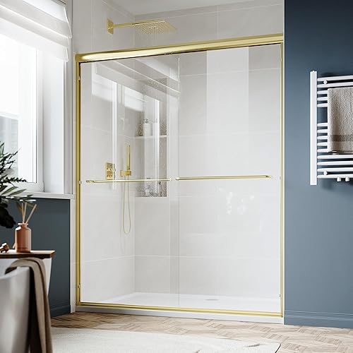 Miniatura 27 de SUNNY SHOWER Puerta de ducha doble corredera sin marco, puerta de baño corrediza de cristal de 1/4 pulgadas, acabado cromado, 48 pulgadas de ancho x