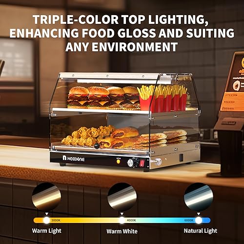 Miniatura 4 de NEEDONE Calentador de alimentos, calentador de pizza comercial de 2 niveles con iluminación LED, termostato ajustable, estantes extraíbles,