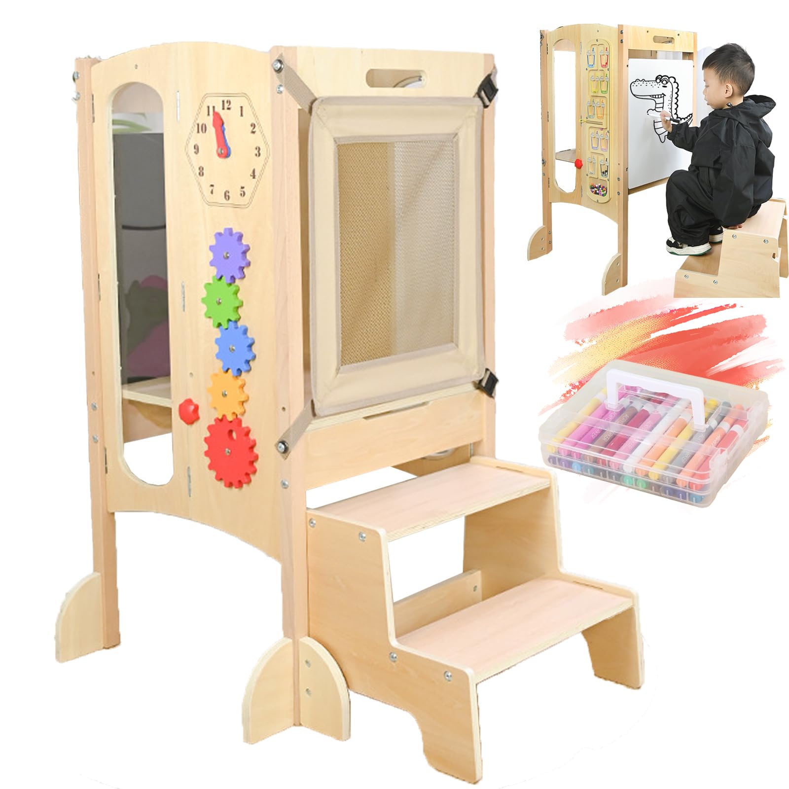 Tour d'apprentissage pliable 5 en 1 en bois le cadeau idéal pour l'éveil des enfants
