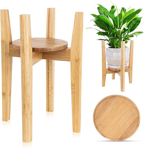 ZIOZERTT Soporte ajustable para plantas de interior de madera de mediados de siglo, moderno soporte para macetas con bandeja, apto para macetas de 8