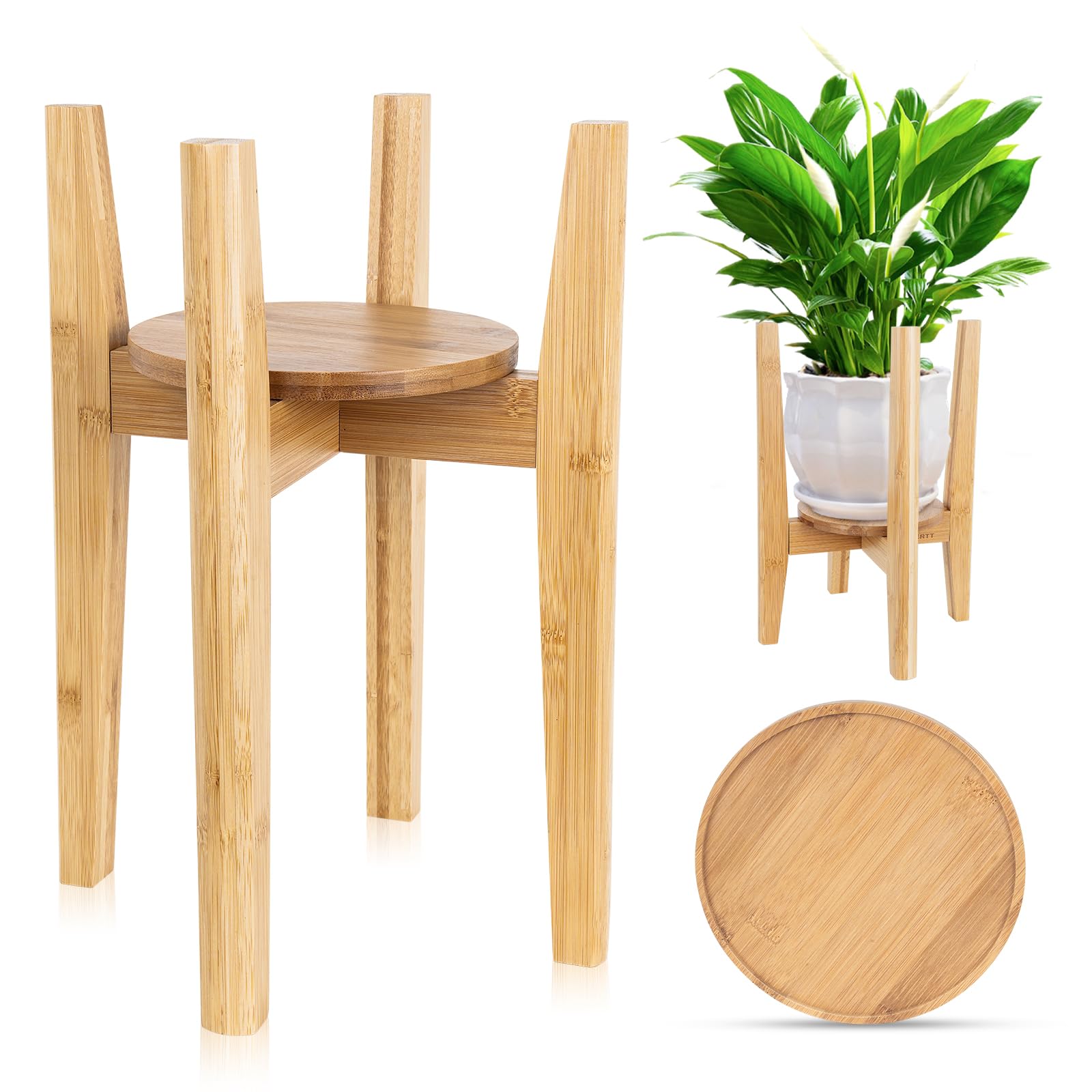 Verstellbarer Pflanzenständer mit Tablett, Holz-Pflanzenständer für den Innenbereich, passend für 20,3 cm bis 30,5 cm Pflanzgefäß, moderner Blumentopfhalter aus der Mitte des Jahrhunderts (Pflanze und