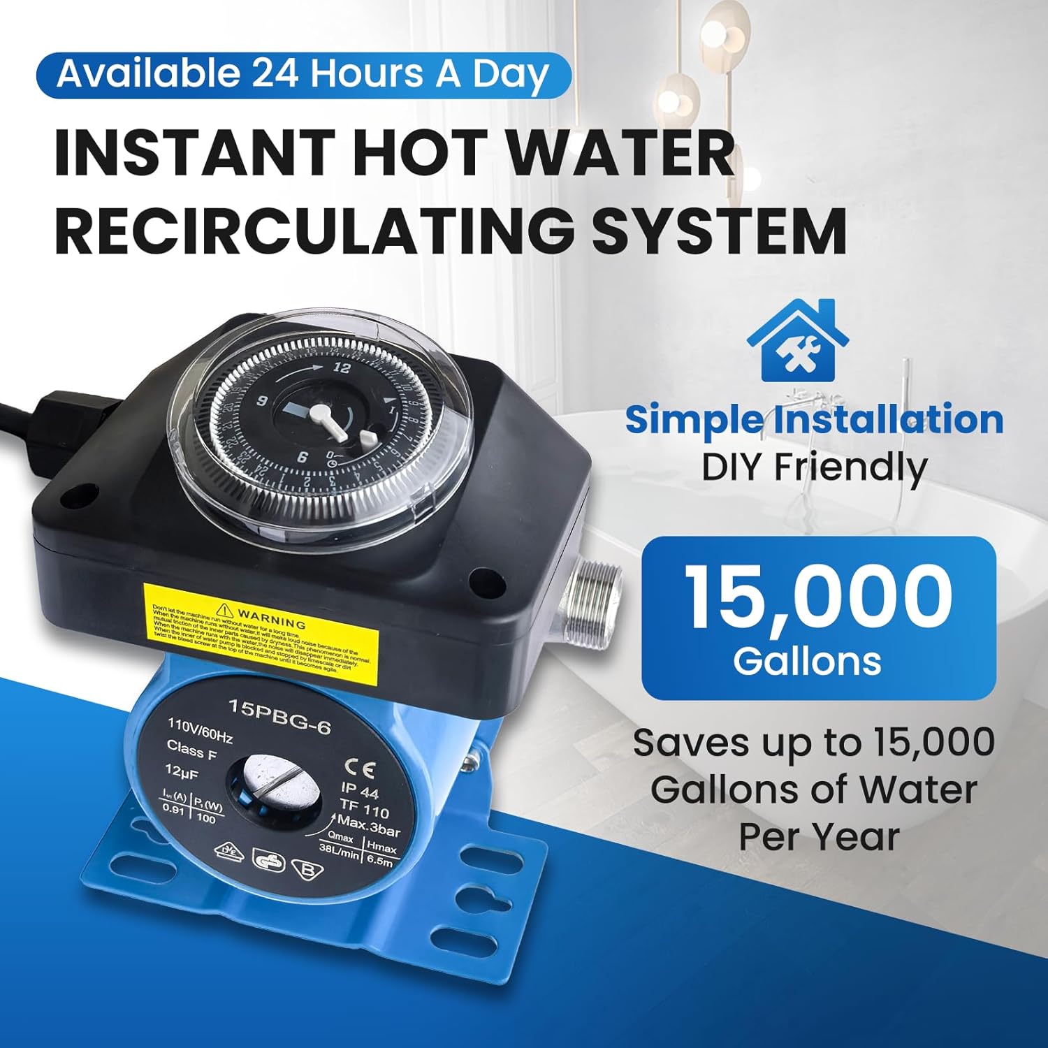 Upgraded Instant Hot Water Recirculation Pump Replacement Kit for watts 0955805 and grundfos 595916, with Programmable Timer – 2 Brass Sensor Valves (595926), 4 Supply Lines, 4 Adapters