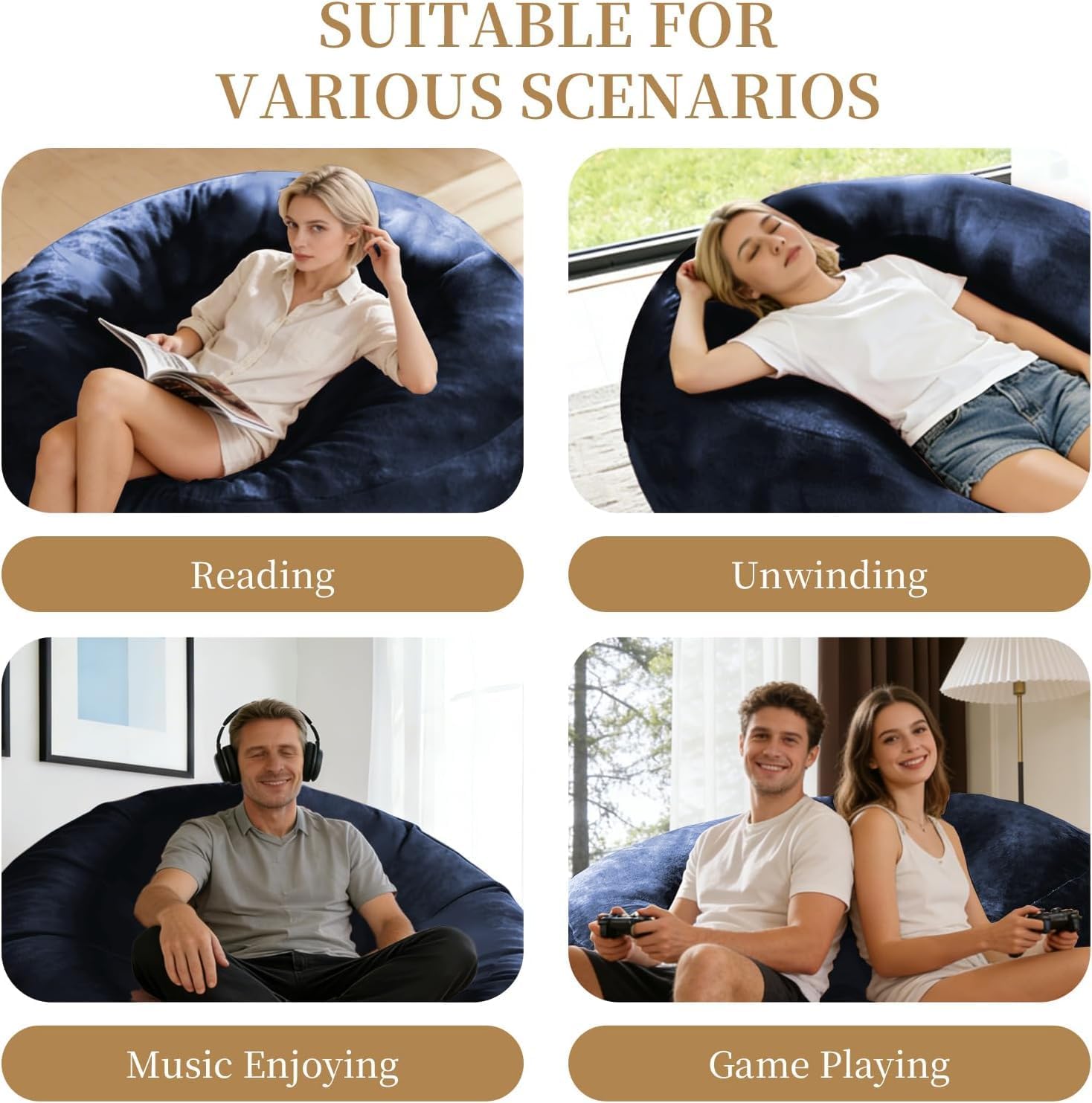 4FT Memory Foam Bean Bag Chair - Soft Flannel Lazy Sofa with Washable Cover for Living Room Bedroom Dorm