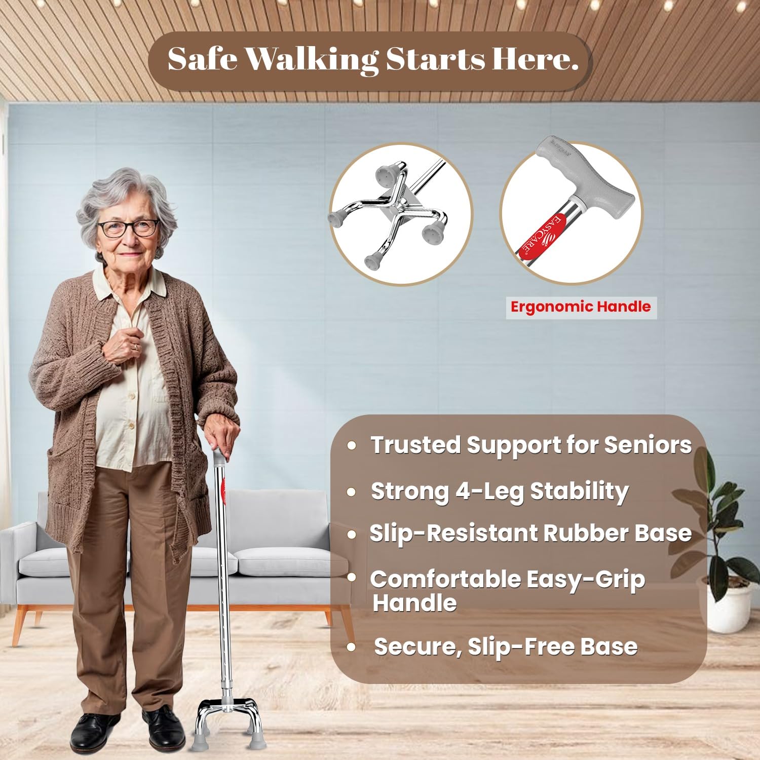 EASYCARE® Walking Stick | Lightweight Aluminium with 10 Height Levels Adjustable | Ergonomic Handle, Anti-Slip Base | Support for Old Age Seniors, Men, Women & Patients (Four Legs) - Image 5 thumbnail