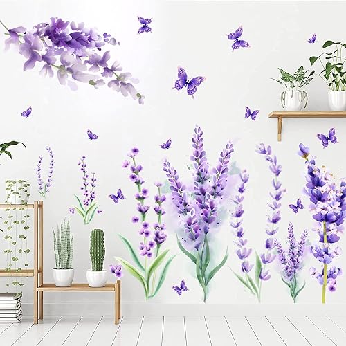 Miniatura 4 de Calcomanías de pared extraíbles de lavanda morada, calcomanías de pared de mariposas y flores moradas, calcomanías de pared removibles para