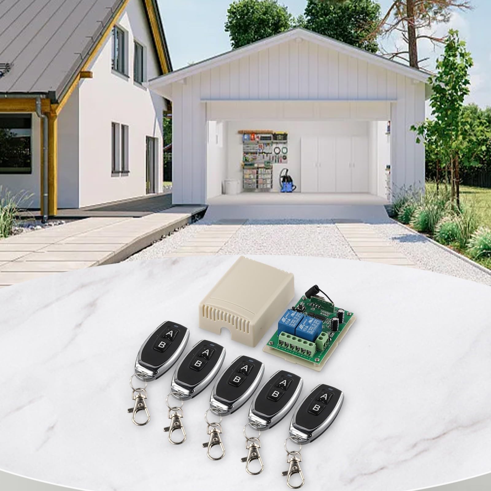 Relais à 2 canaux 433 MHz sans fil avec 5 émetteurs et récepteurs pour ouverture de porte de garage, accès d'entrée et équipement industriel