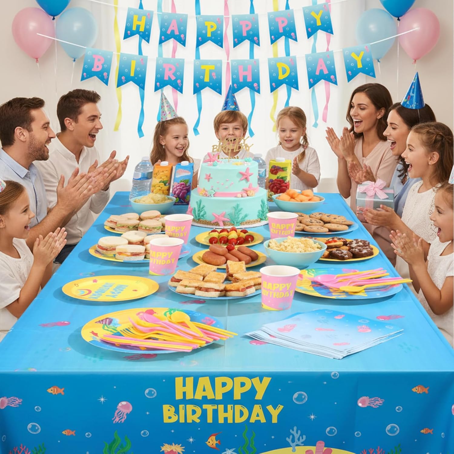 FoldTier 171 Pcs Under the Sea Birthday Party Supplies Ocean Sea Party Tableware Set for 24 Guests with Plate Napkin Cup Knife Fork Spoon Tablecloth Banner for Underwater Creature Cartoon Decor
