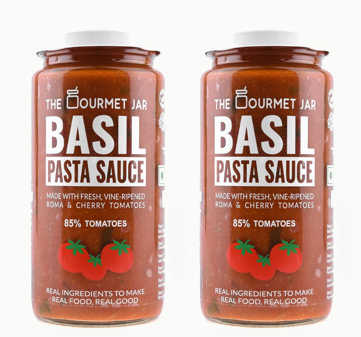The Gourmet Jar Basil Pasta Sauce 390g| 100% Natural, No Preservatives, No Artificial Colors, No Artificial Flavouring agents| Vegan| Gluten Free| Made with Hydroponic Basil Leaves & Fresh Vine- Ripened Roma and Cherry Tomatoes| Enjoy it with all types of pasta | Pack of 2