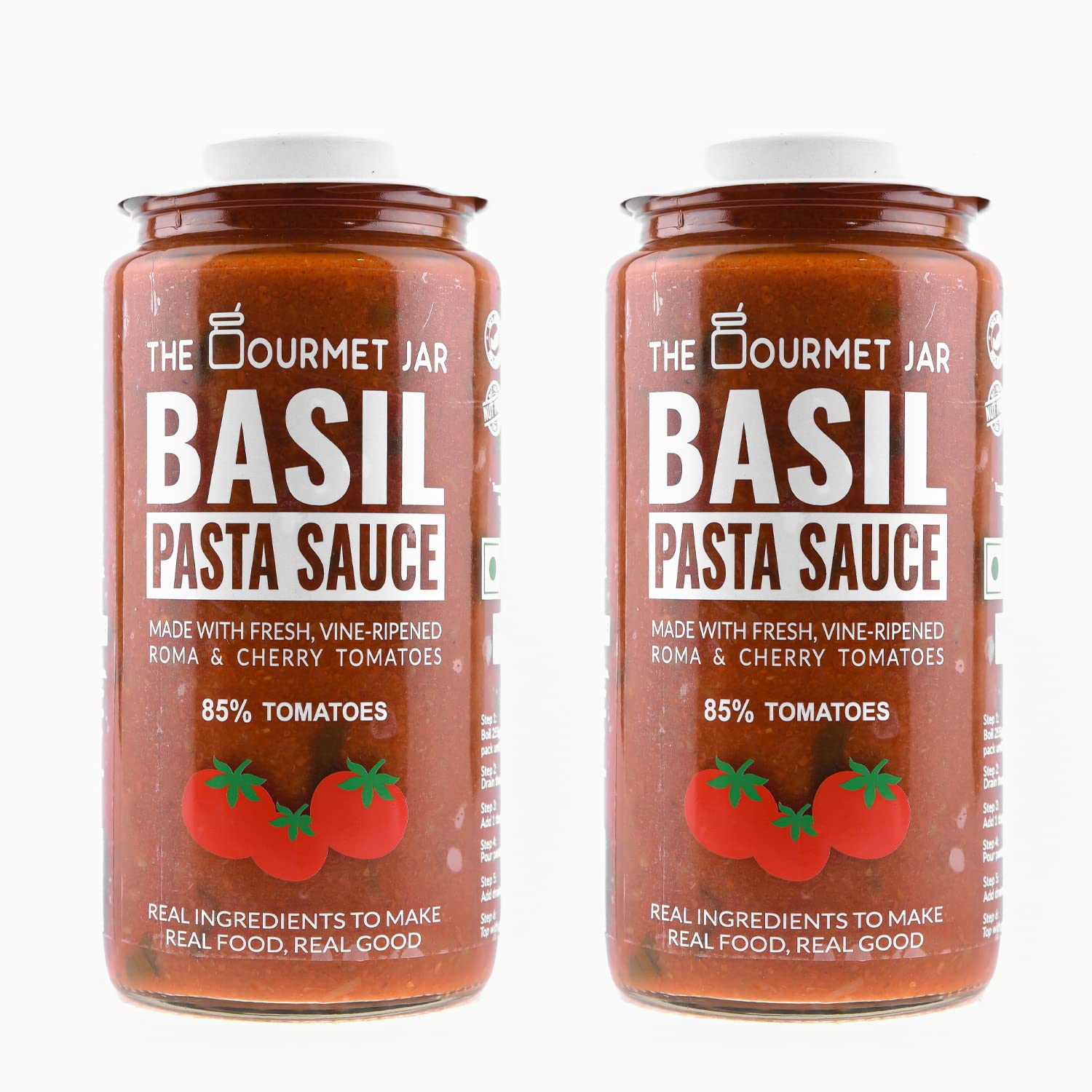 The Gourmet Jar Basil Pasta Sauce 390g| 100% Natural, No Preservatives, No Artificial Colors, No Artificial Flavouring agents| Vegan| Gluten Free| Made with Hydroponic Basil Leaves & Fresh Vine- Ripened Roma and Cherry Tomatoes| Enjoy it with all types of pasta | Pack of 2