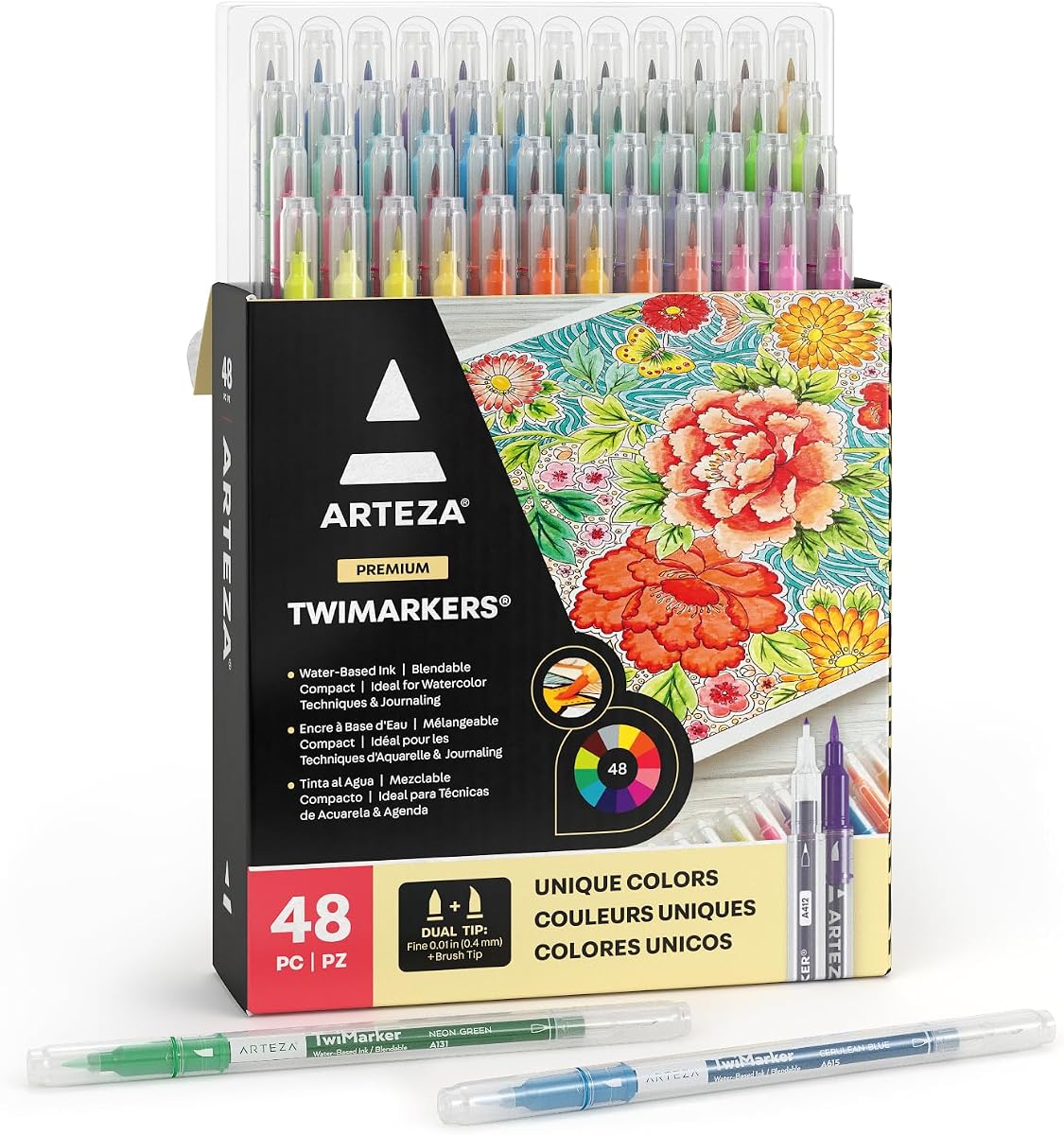 ARTEZA Marcadores de pincel de doble punta – Juego de 48 bolígrafos con puntas finas y de pincel, tinta a base de agua para colorear, dibujar, escribir letras y escribir un diario