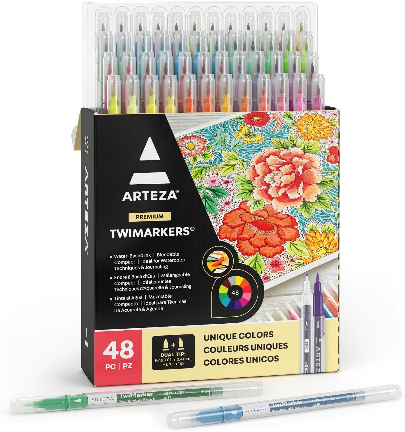 ARTEZA Dual Tip Brush Markers – Set of 48 Pens with Fine and Brush Tips, Water-Based Ink for Coloring, Sketching, Lettering & Journaling
