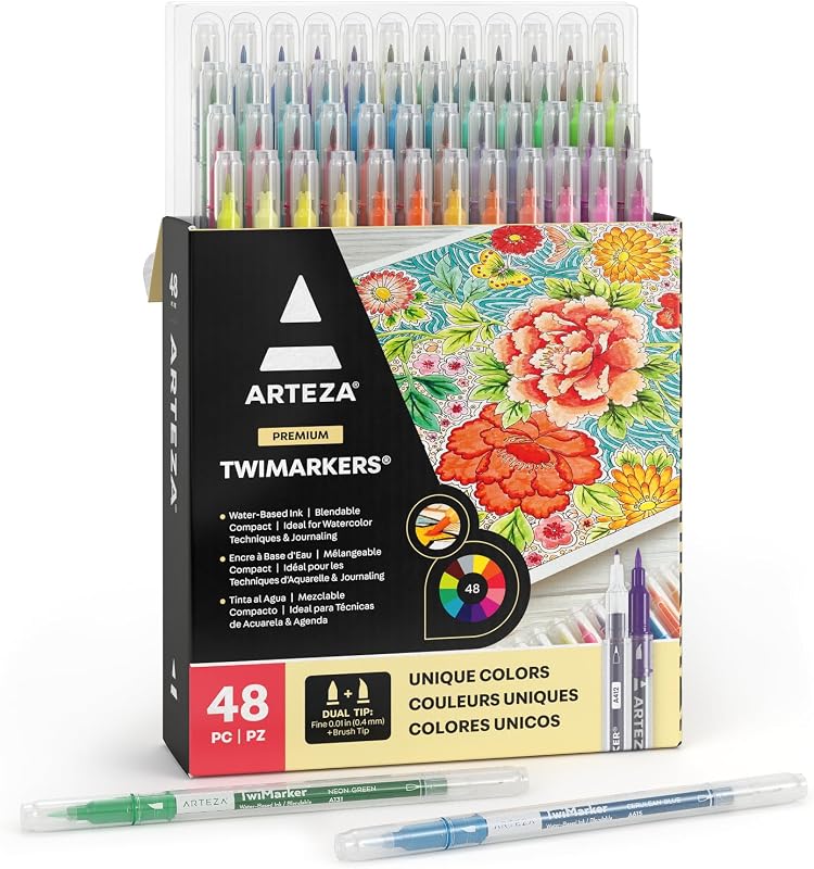 ARTEZA Marcadores de pincel de doble punta – Juego de 48 bolígrafos con puntas finas y de pincel, tinta a base de agua para colorear, dibujar, escribir letras y escribir un diario